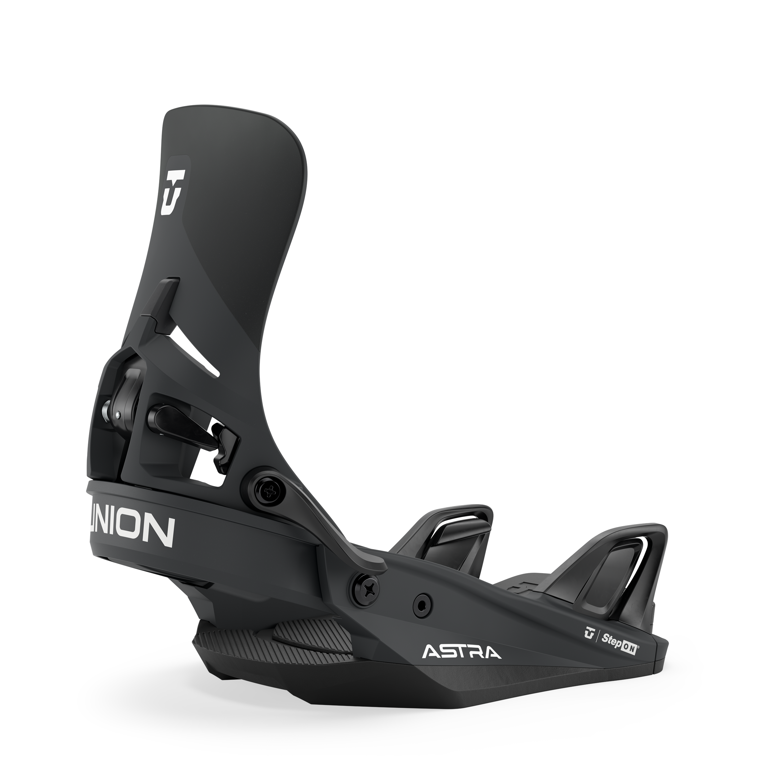 Black Union Astra Step On women's snowboard binding mounted on a snowboard, designed for easy snowboarding performance.