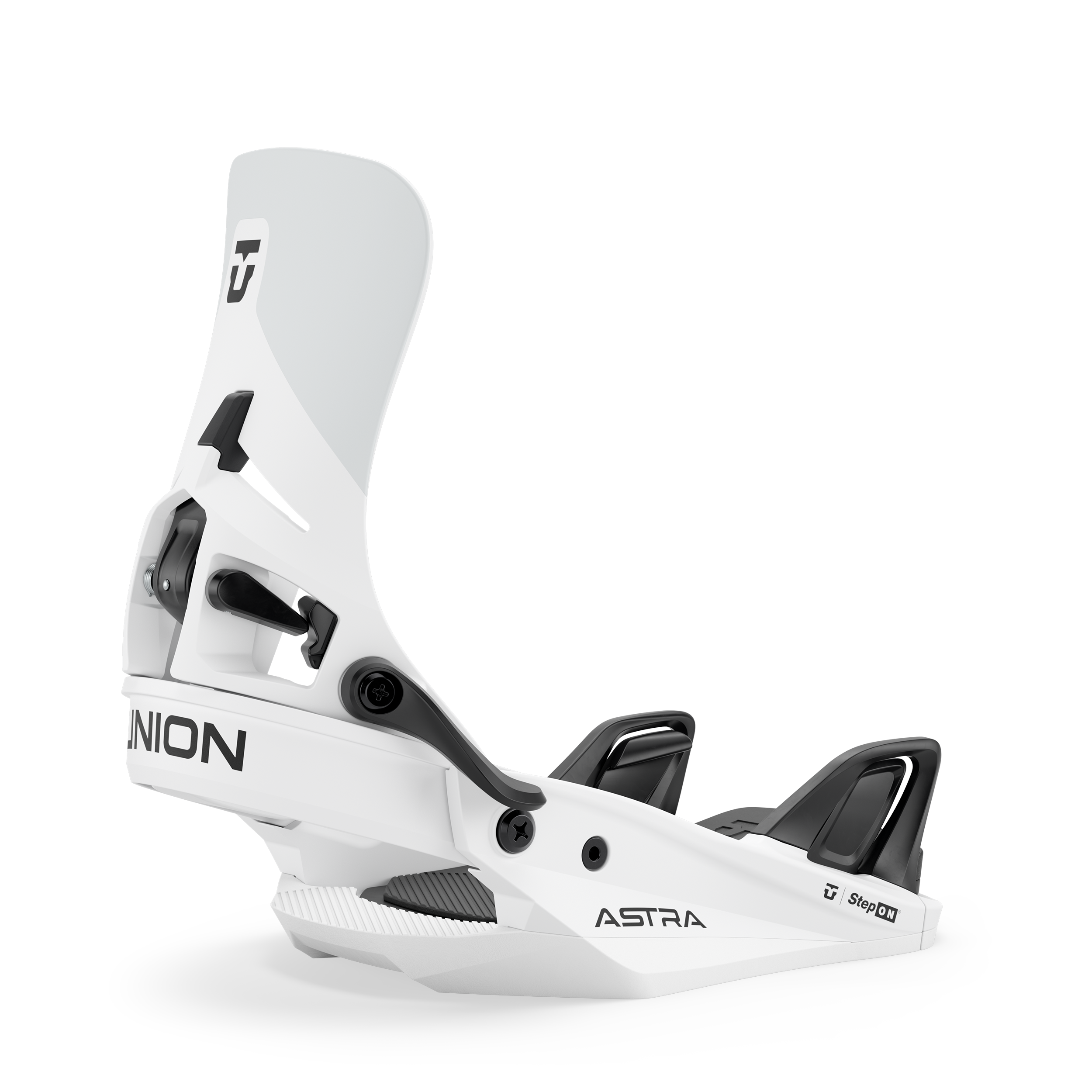 Union Astra Step On women's snowboard binding in white, designed for snowboarding with secure strap and adjustable features.