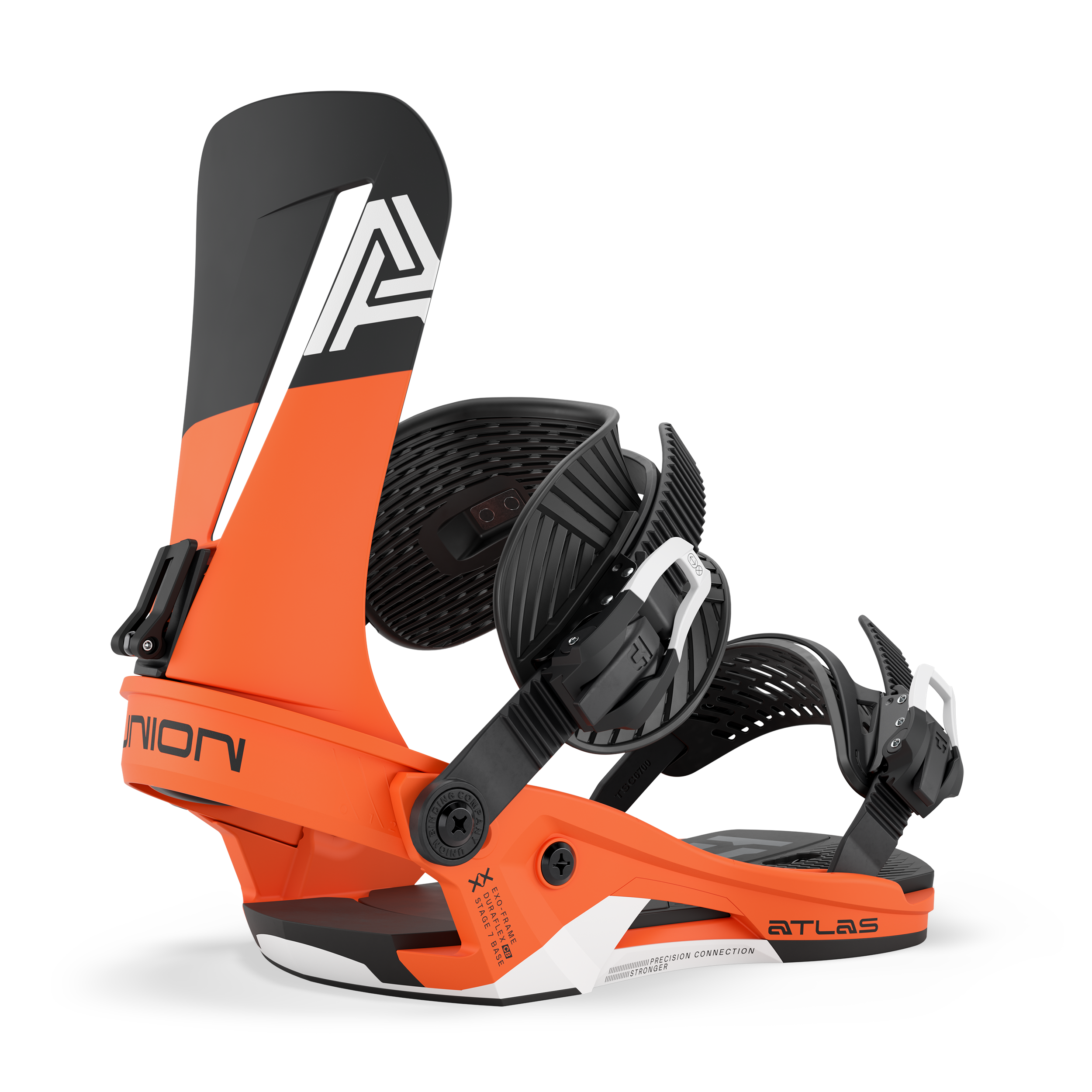 Union Atlas snowboard binding in orange, designed for snowboarding, showcasing durable straps and high-performance construction.