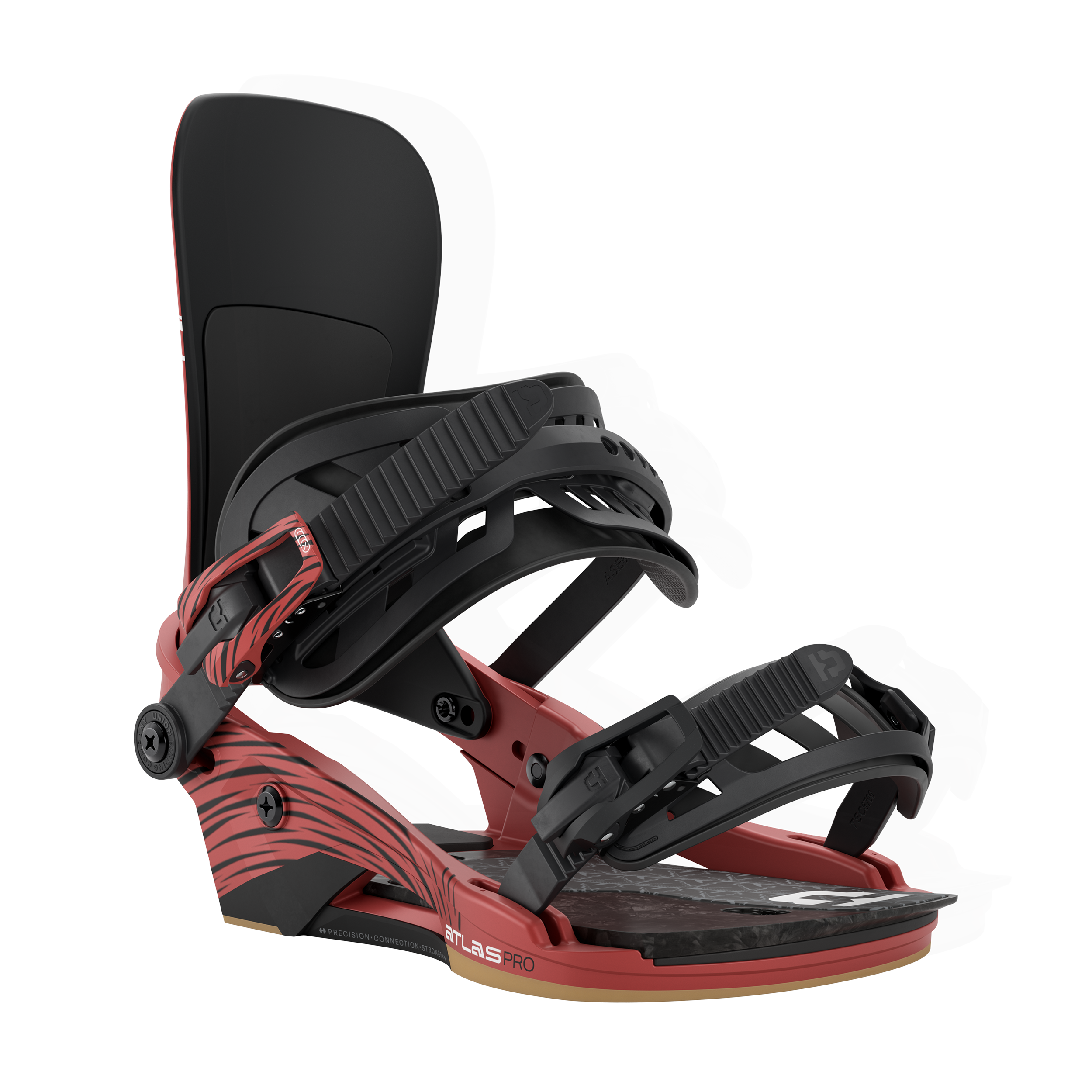 Union Atlas Pro snowboard binding for snowboarding, featuring a sleek design and adjustable straps, in front view.