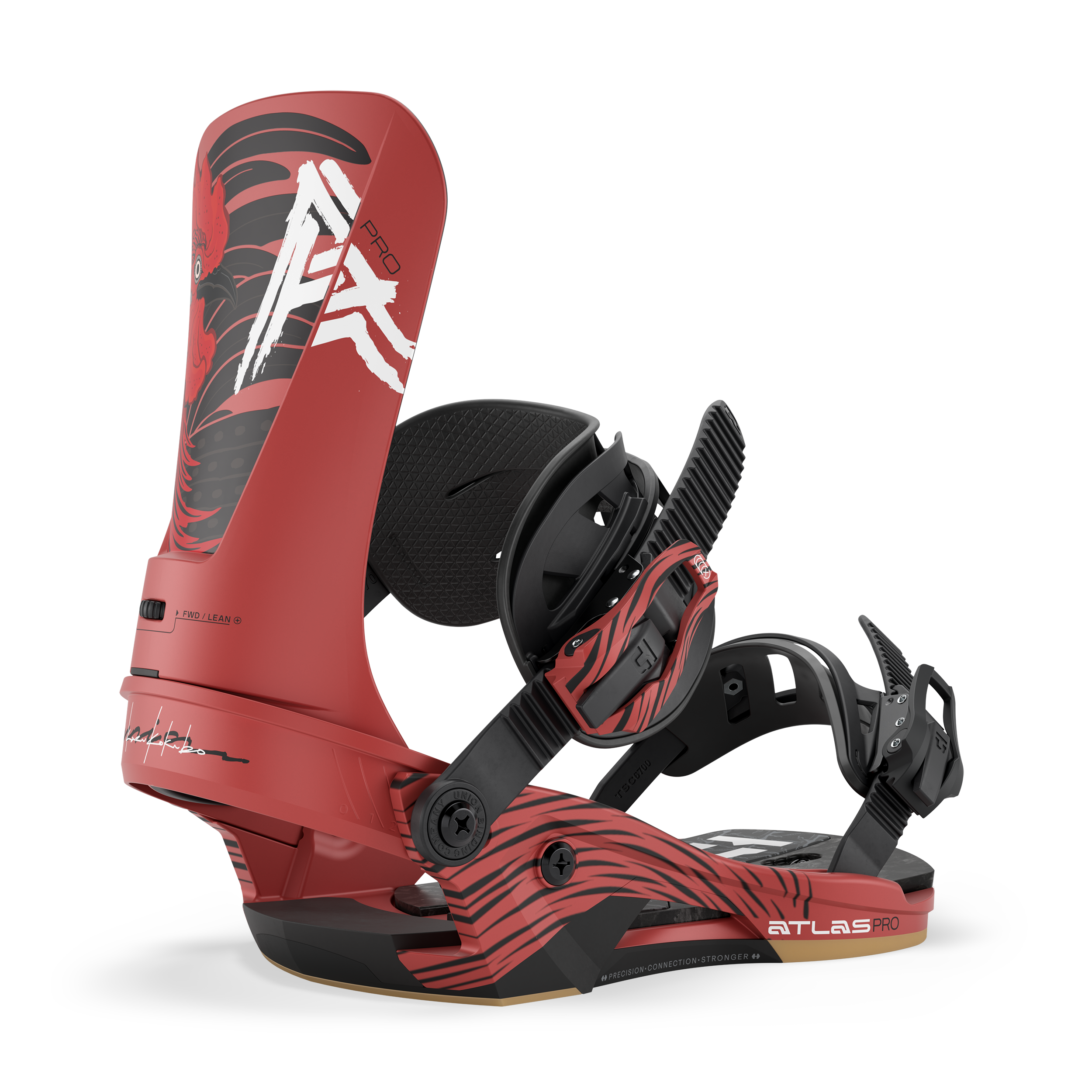 Union Atlas Pro snowboard binding mounted on a snowboard, showcasing durable construction and adjustable straps for snowboarding.