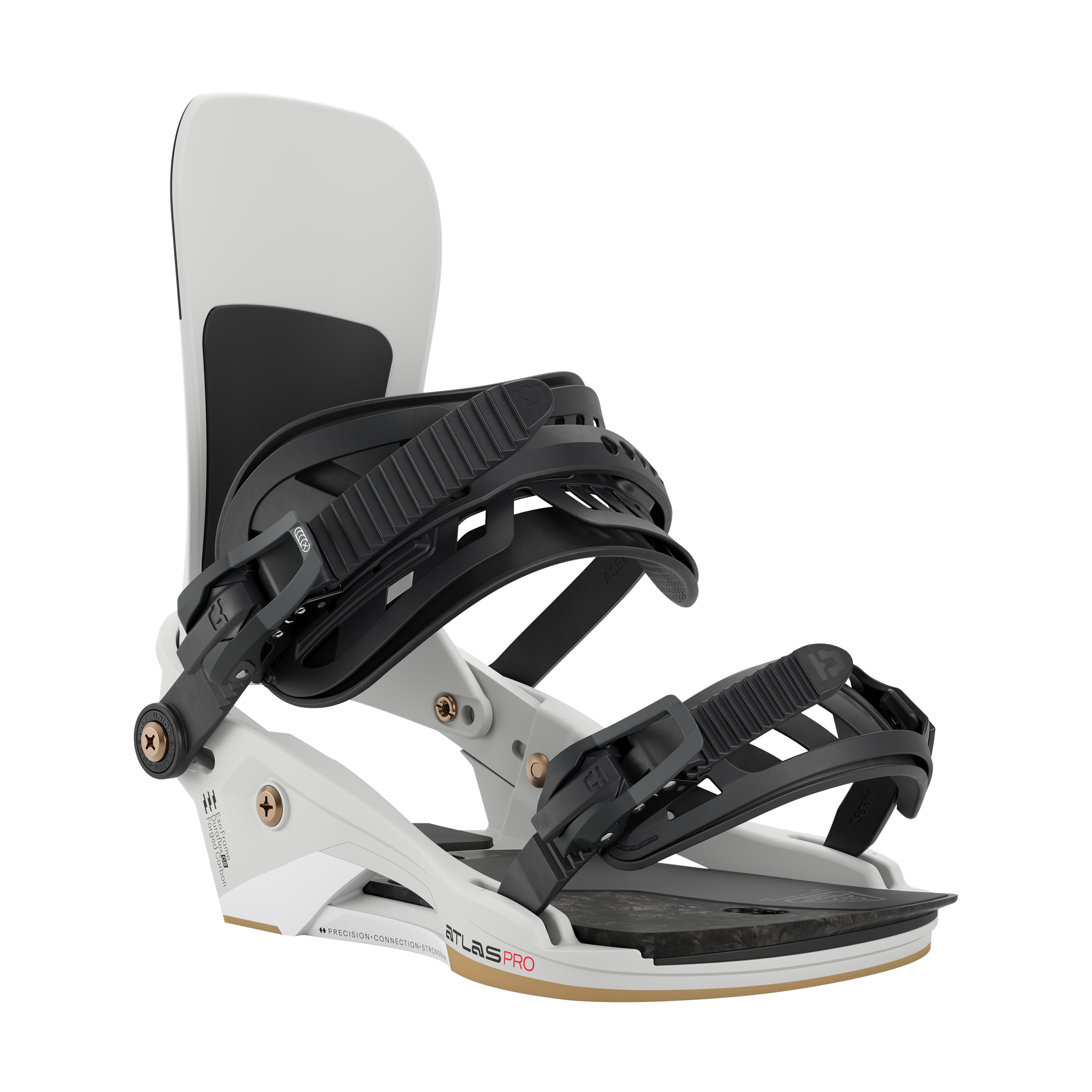 Union Atlas Pro snowboard binding for snowboarding, front view showing adjustable straps and durable construction.