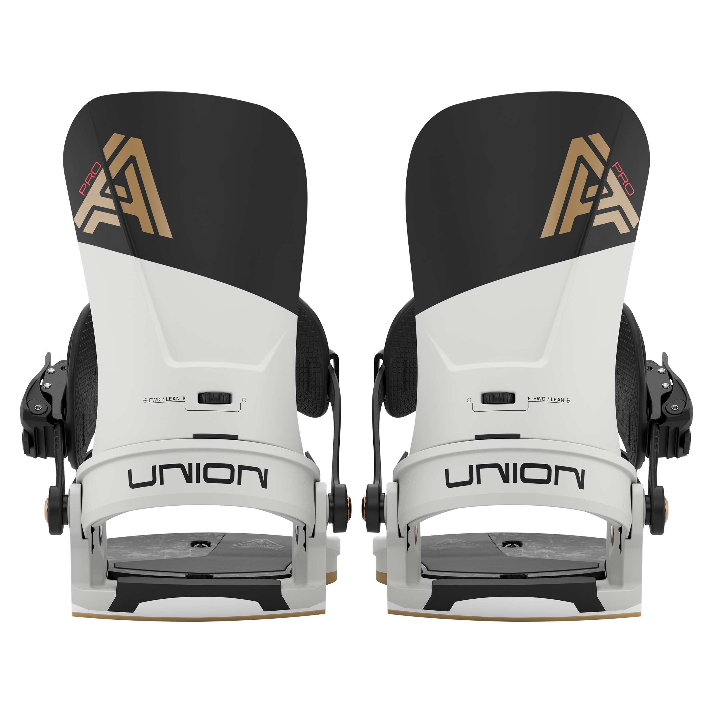 Union Atlas Pro snowboard binding for snowboarding, rear view showing full pair, durable Union brand design.