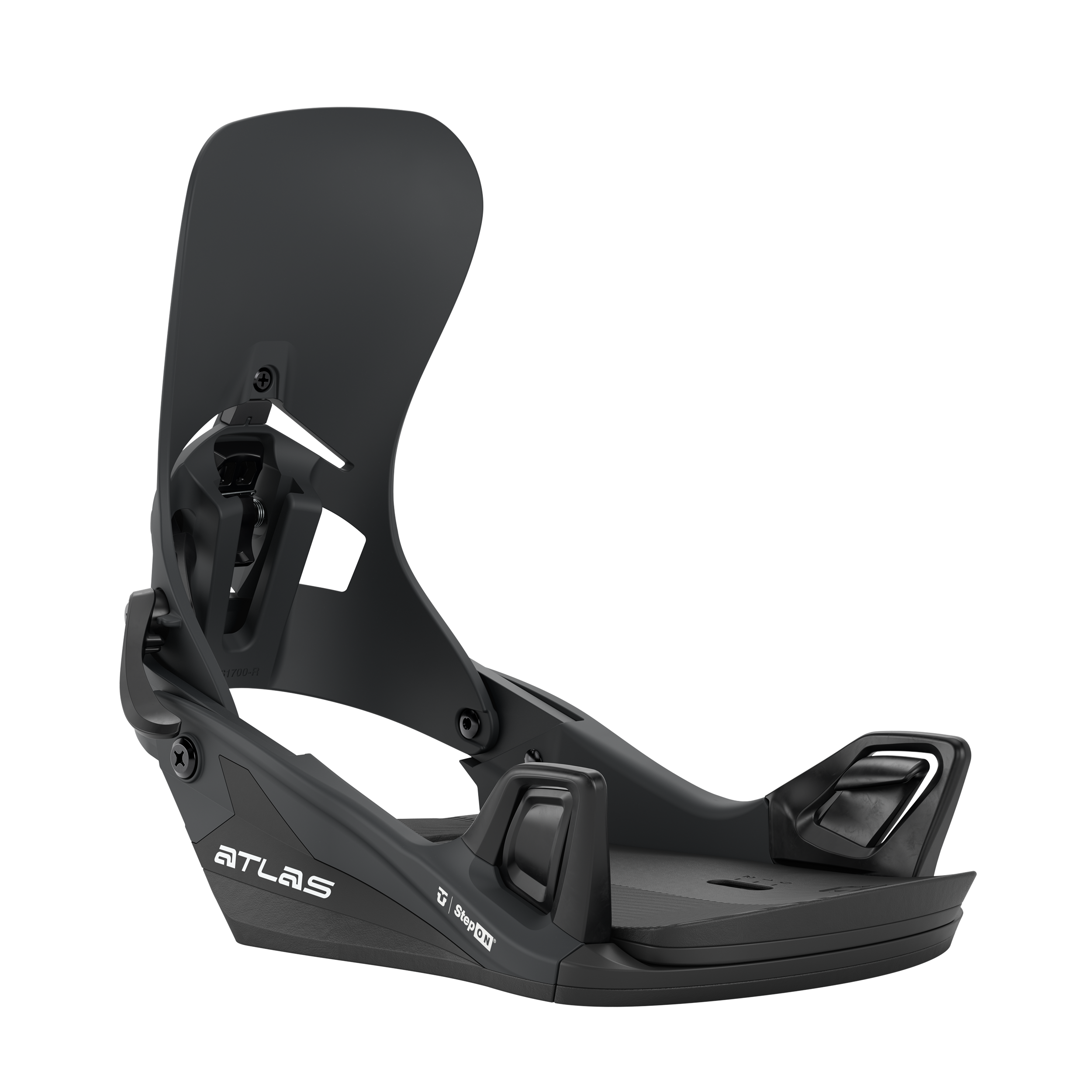 Union Atlas Step On snowboard binding in black, showing front view with straps and high-back design for snowboarding.