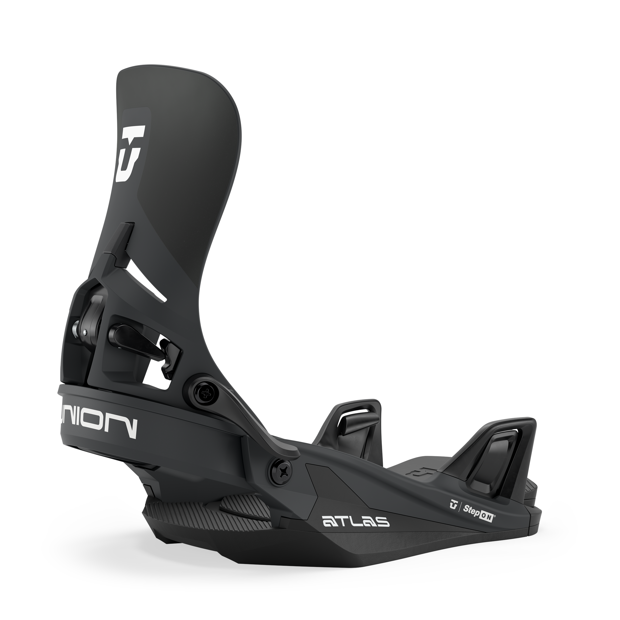 Union Atlas Step On snowboard binding in black, designed for snowboarding with adjustable straps and durable construction.