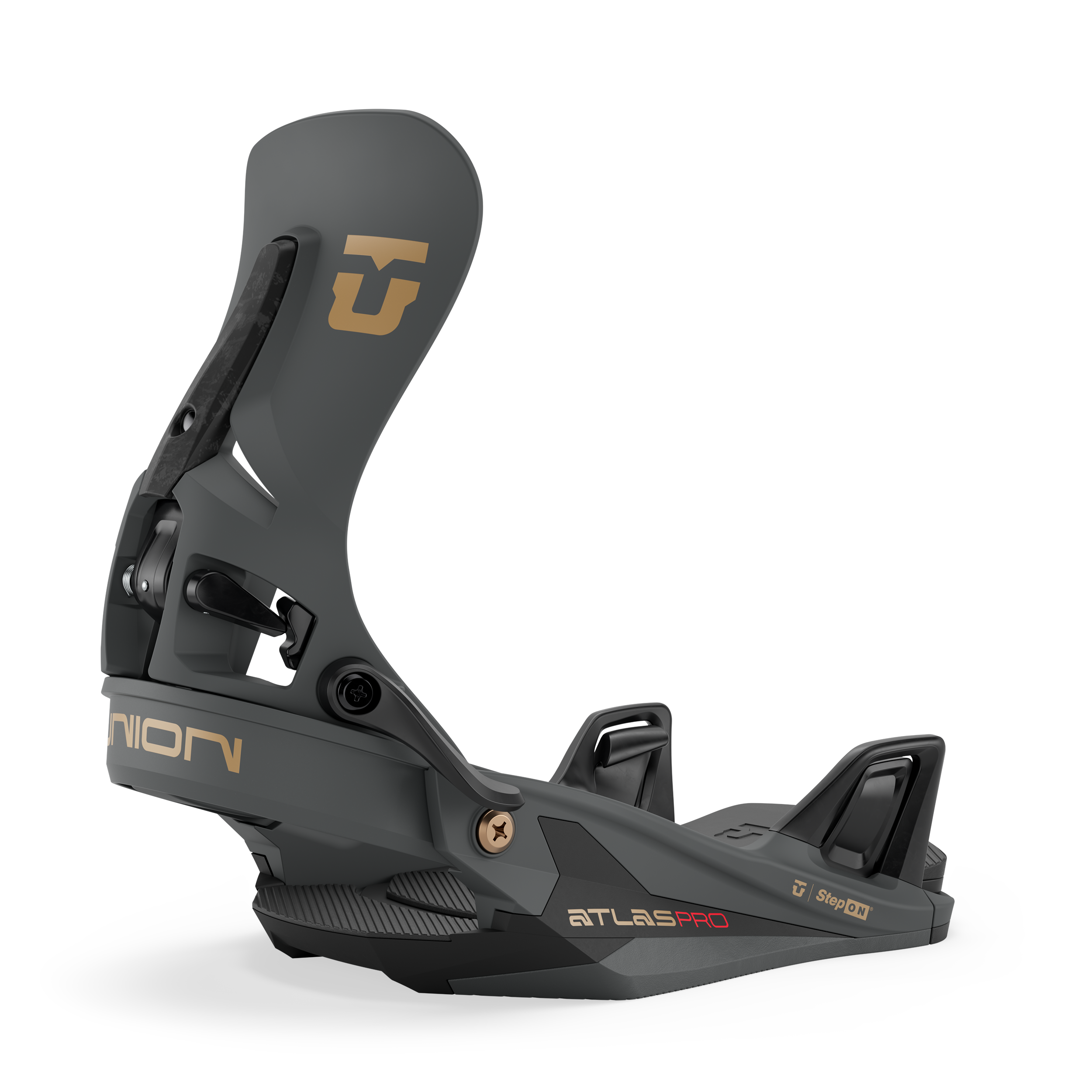 Union Atlas Pro Step On snowboard binding in black, designed for snowboarding with durable construction and secure strap system.
