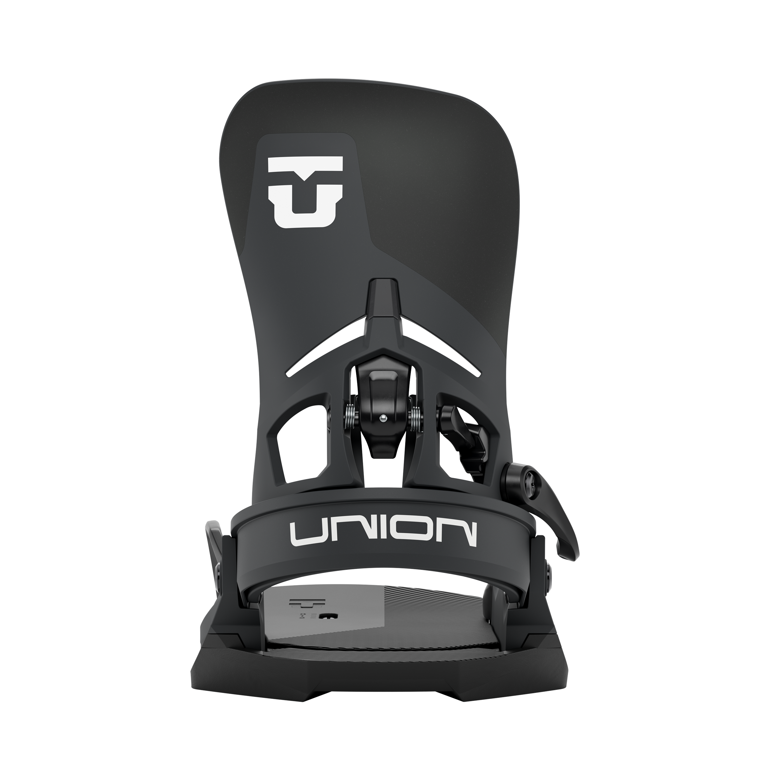 Union Atlas Step On snowboard binding in black, rear view showing the durable construction and adjustable straps.