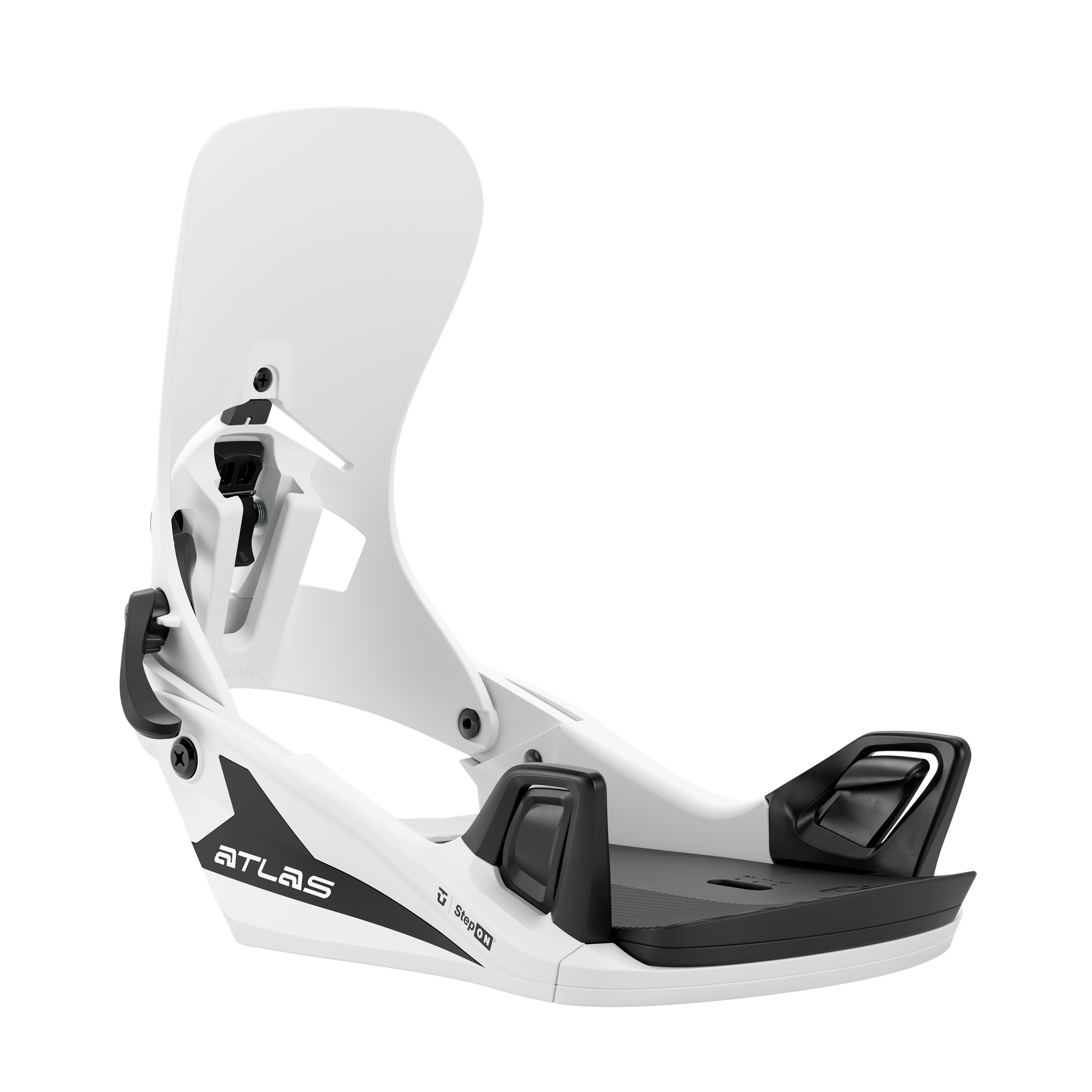 Union Atlas Step On snowboard binding in white, featuring high-back support and adjustable straps for snowboarding comfort.