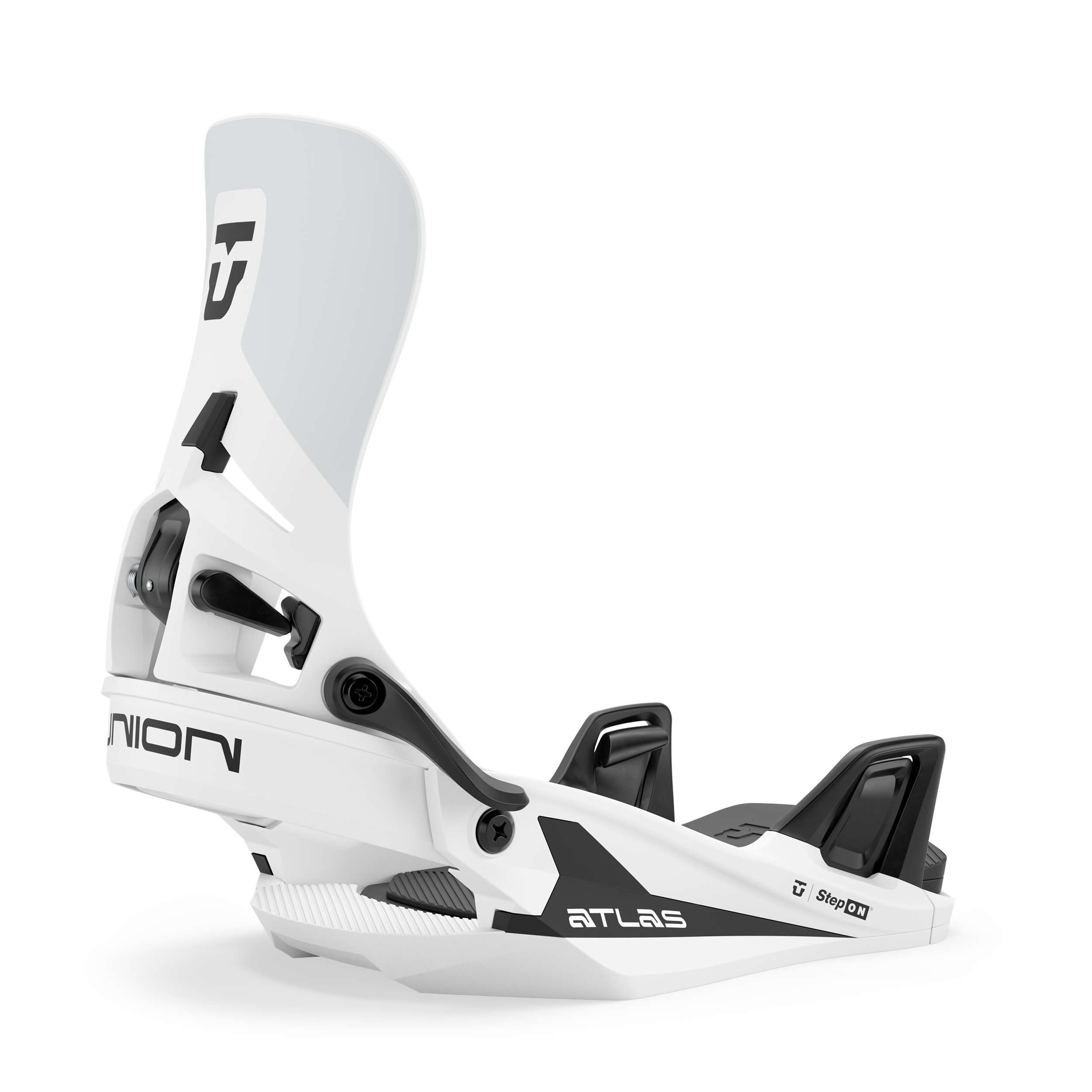 Union Atlas Step On snowboard binding in white, designed for snowboarding with a sturdy, secure strap system.
