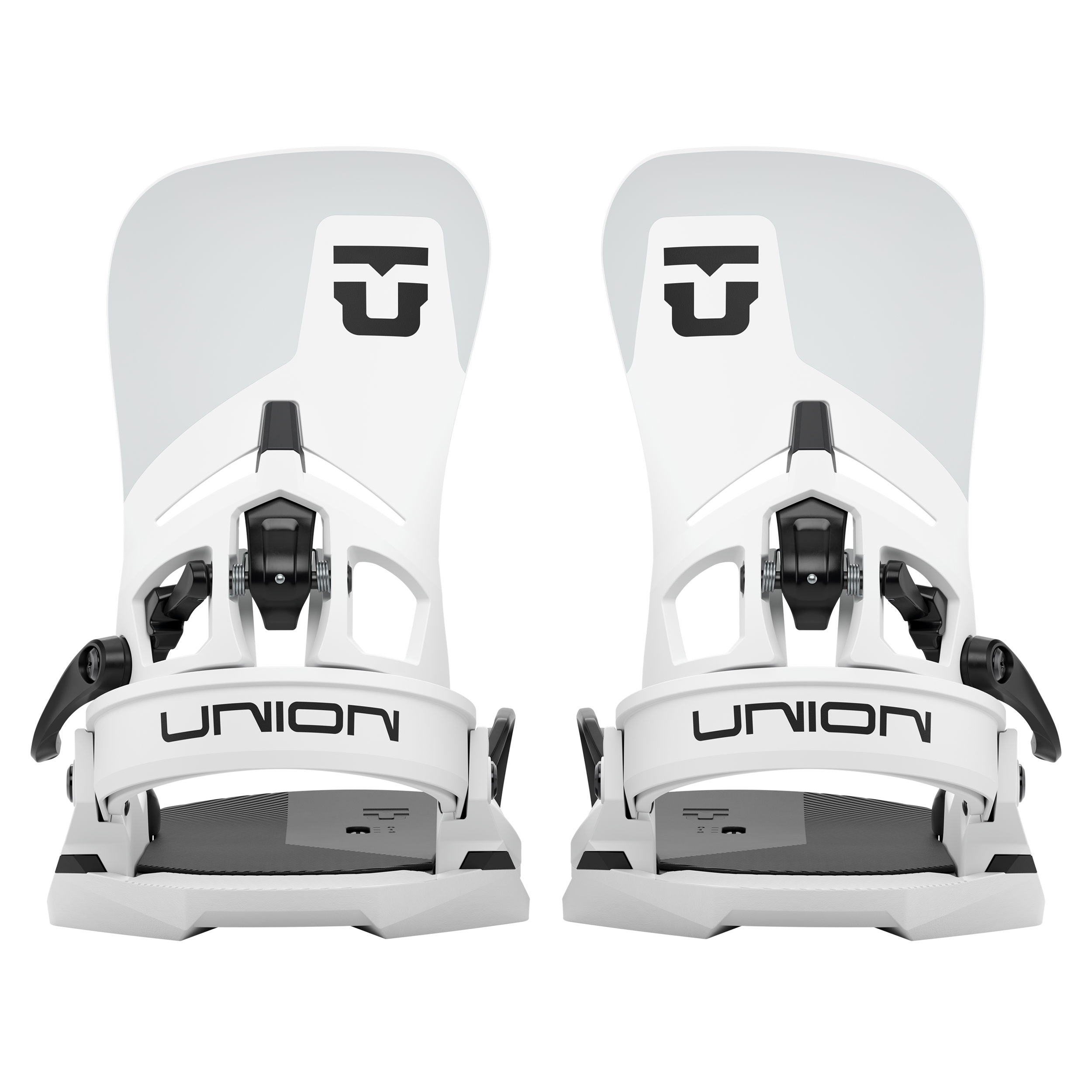 Union Atlas Step On snowboard binding in white, rear view showing adjustable straps and sturdy construction for snowboarding.