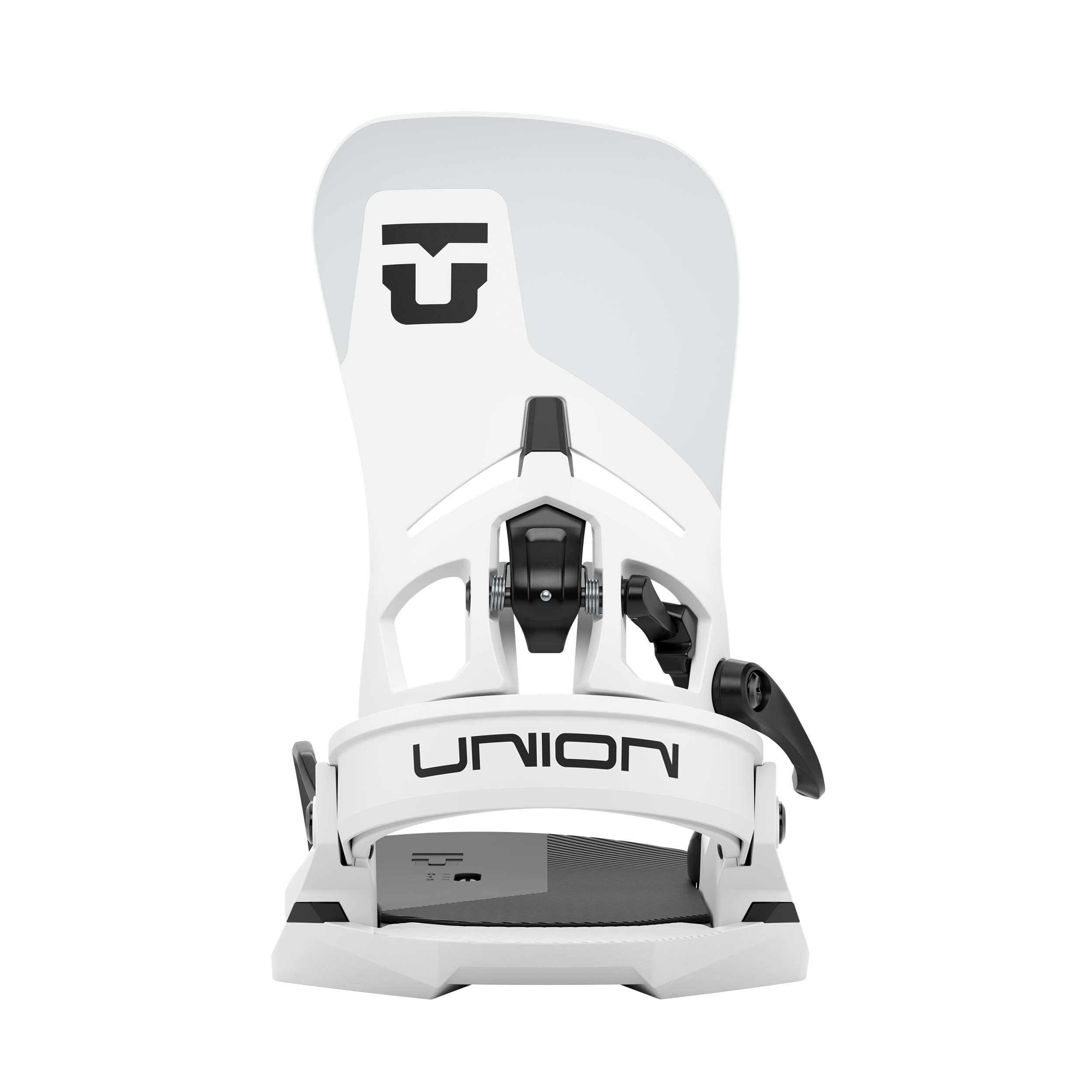 Union Atlas Step On snowboard binding in white, rear view showing durable design and secure strap system for snowboarding.
