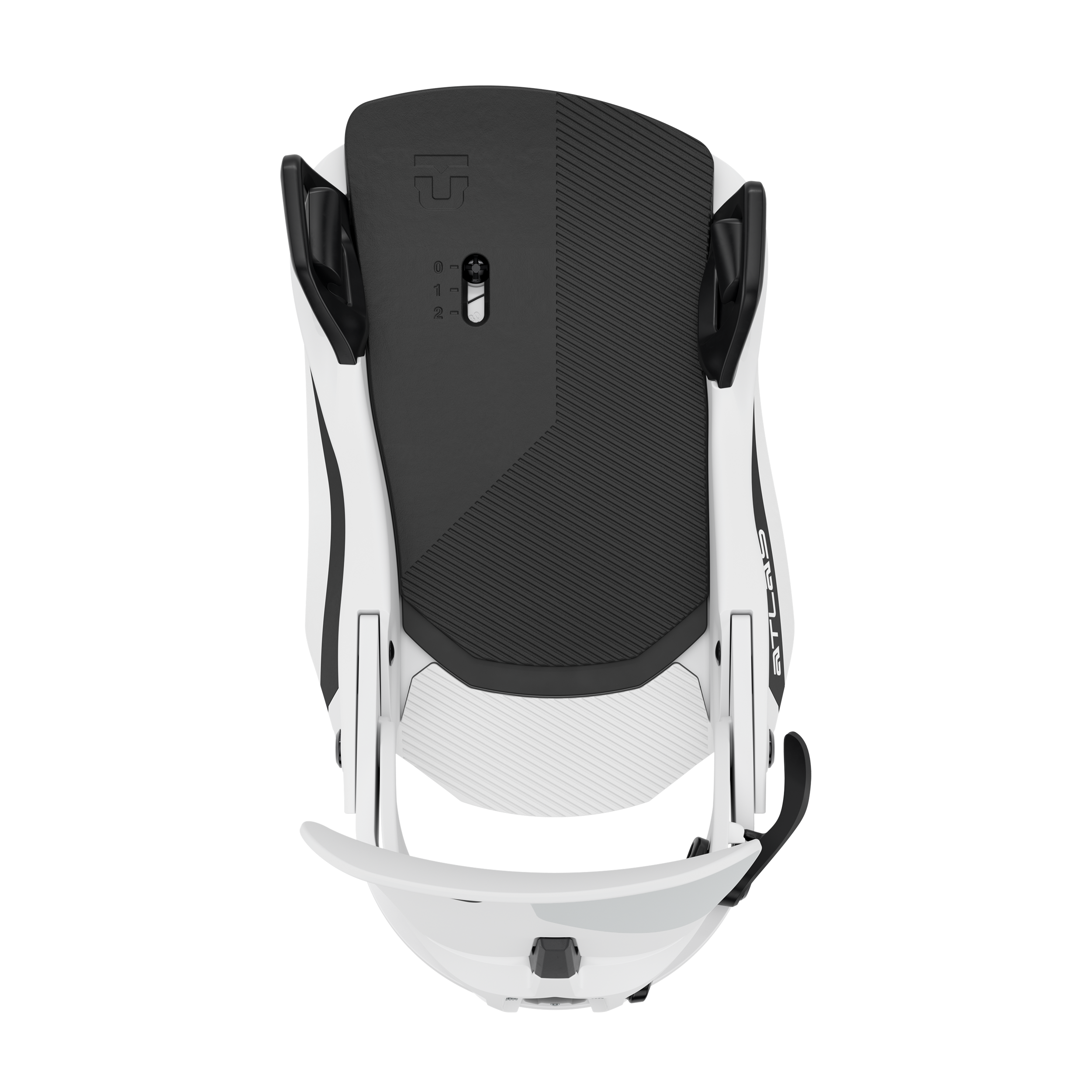 Union Atlas Step On snowboard binding in white, featuring adjustable straps and high-back support for snowboarding.