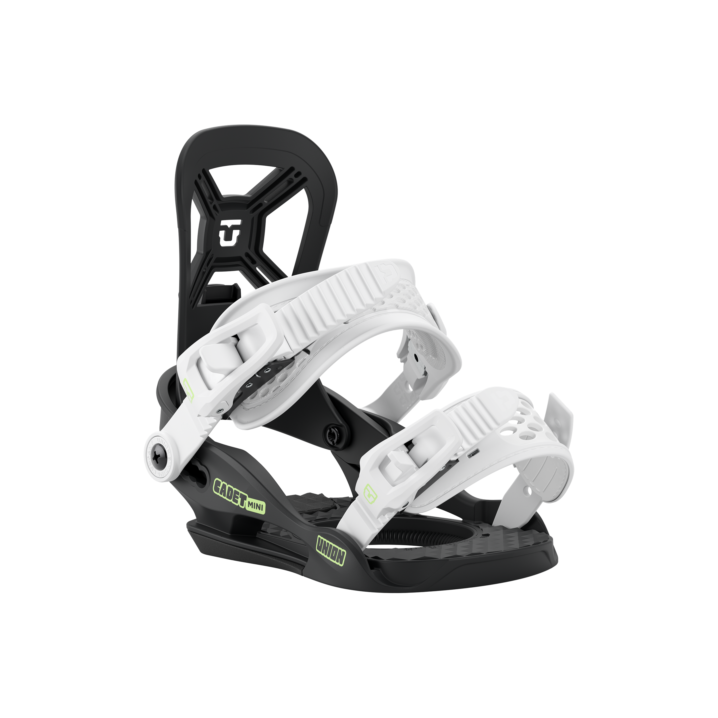 Union Cadet Mini Kids snowboard binding in black, featuring a front view with adjustable straps and high-back support for young riders.