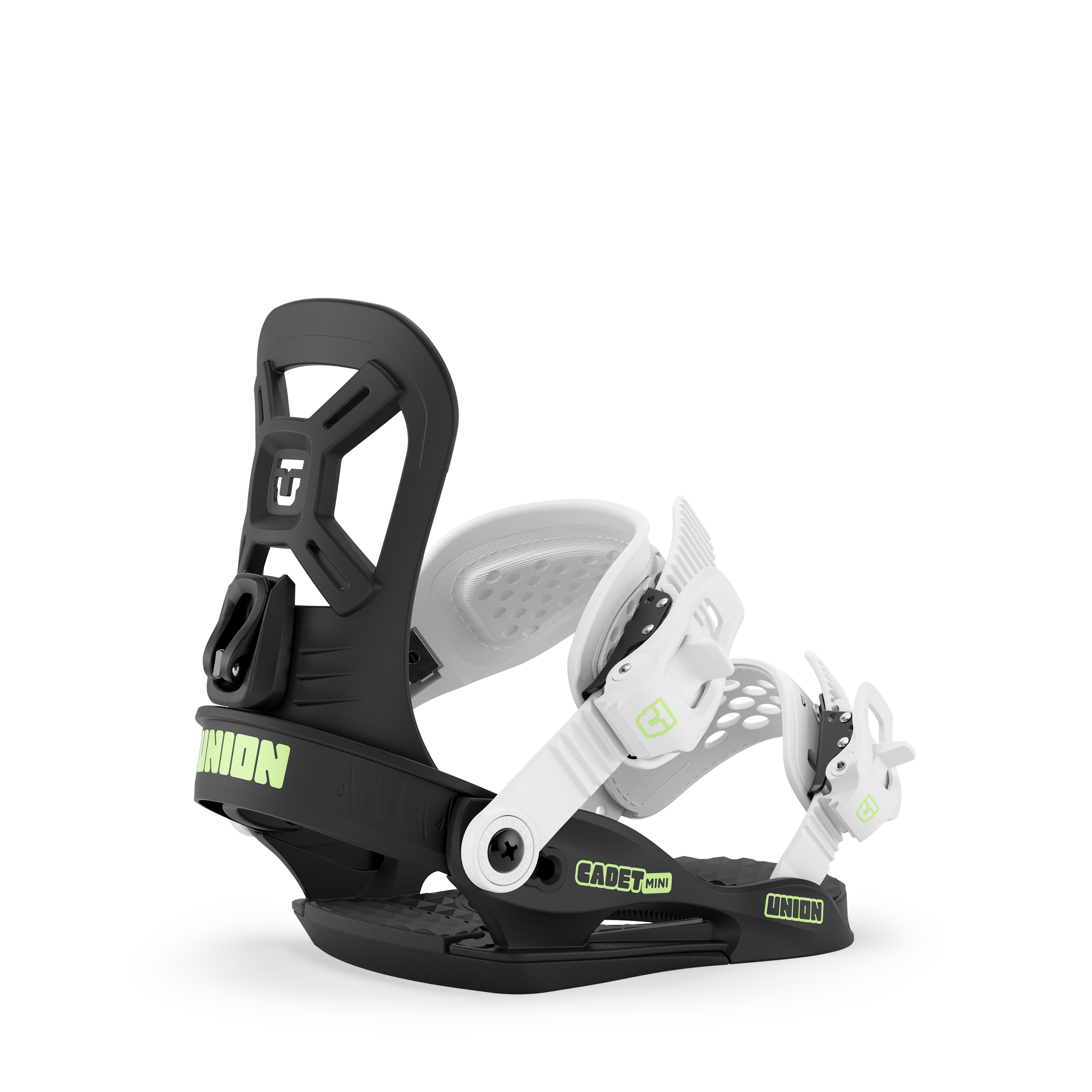 Union Cadet Mini kids snowboard binding in black, designed for young riders, featuring adjustable straps and durable construction.