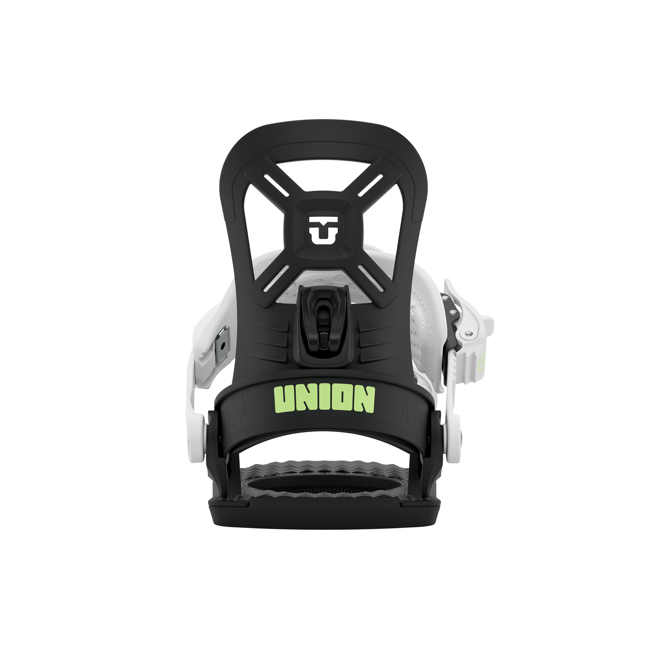 Union Cadet Mini Kids snowboard binding in black, rear view, designed for young snowboarders, featuring durable construction and adjustable straps.