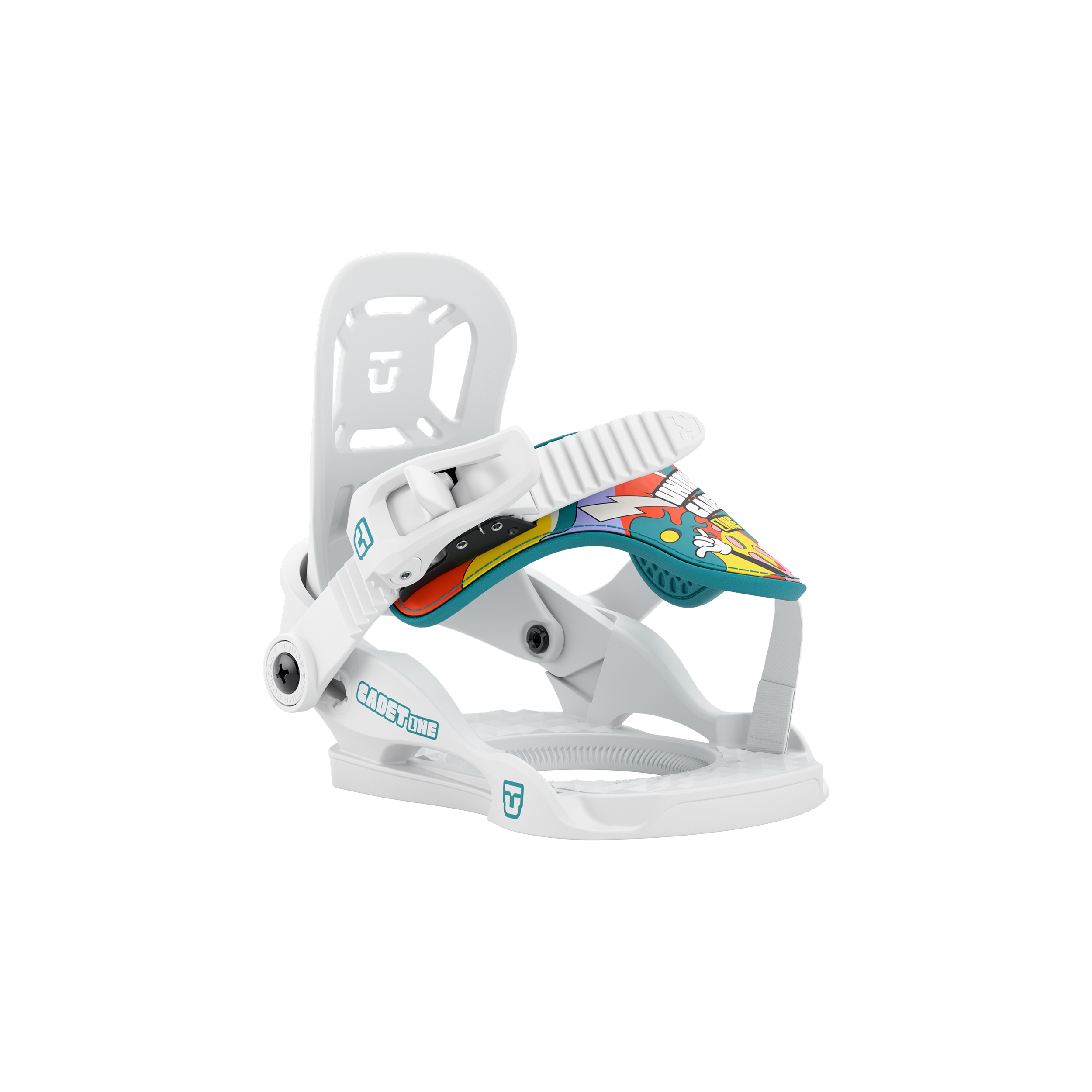 Union Cadet One kids snowboard binding in white, featuring adjustable straps and durable construction for young snowboarders.
