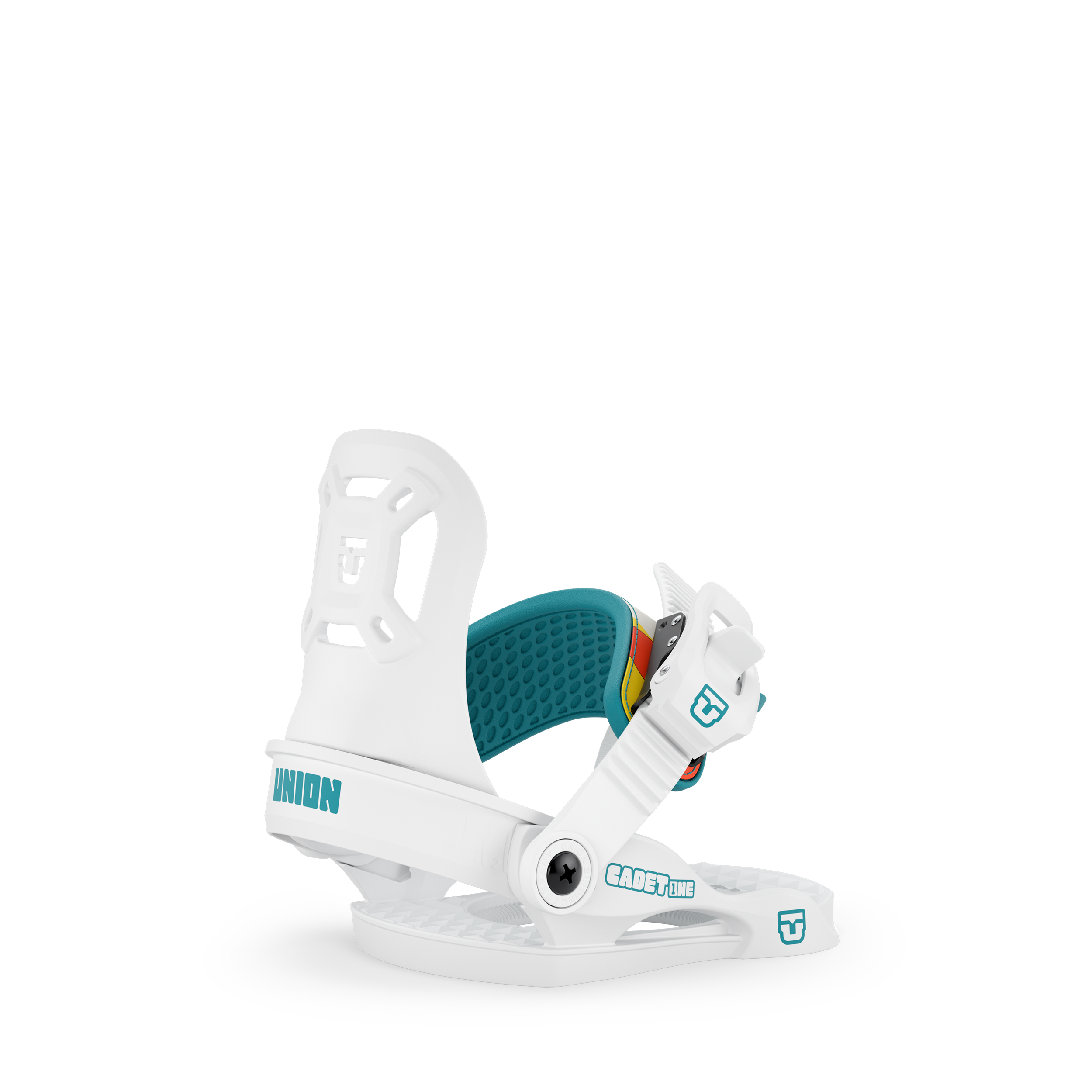 Union Cadet One Kids Snowboard Binding in white, designed for children, with adjustable straps and durable construction for snowboarding.