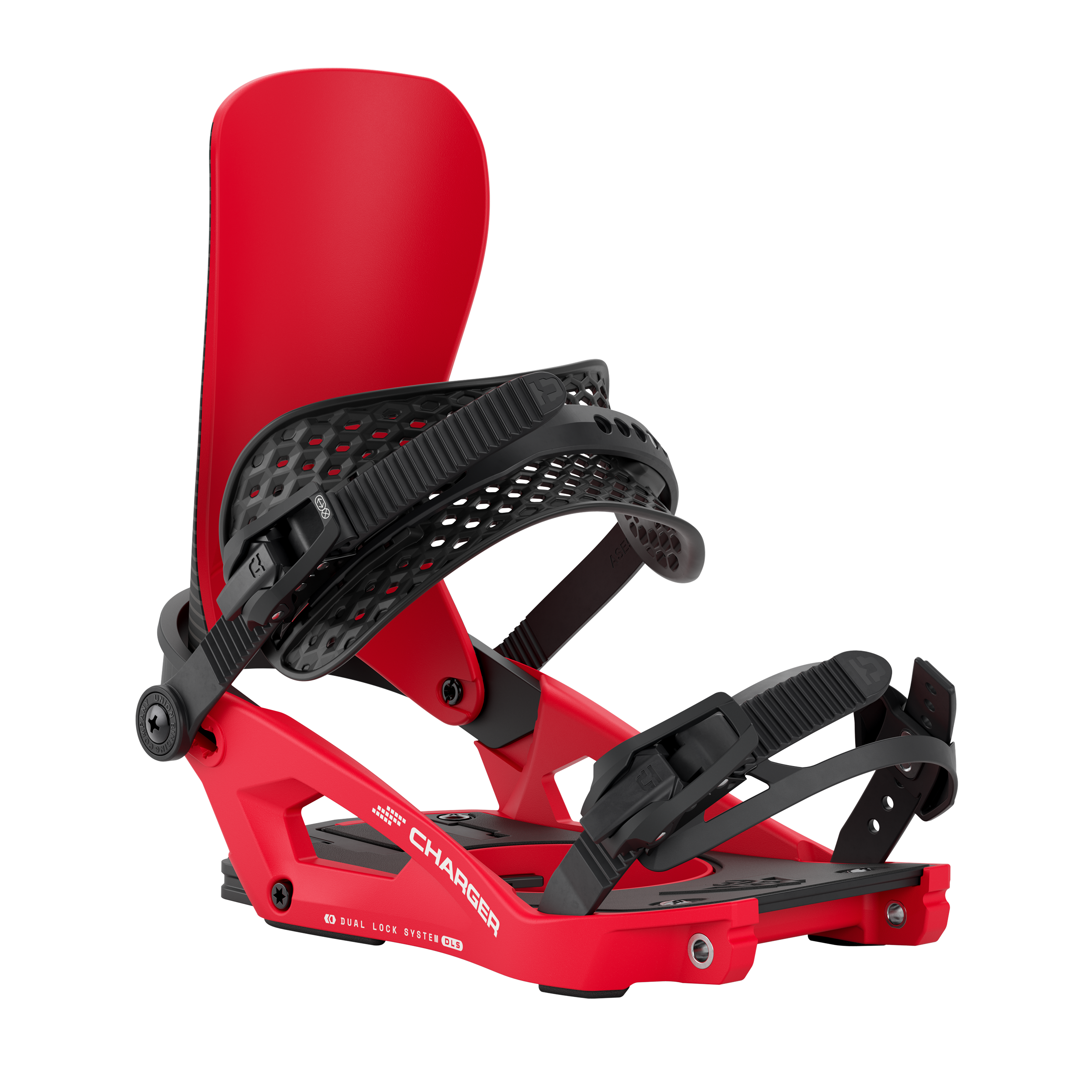 Union Charger snowboard binding in black and red, designed for snowboarding, shown from the front with straps and high-back support.