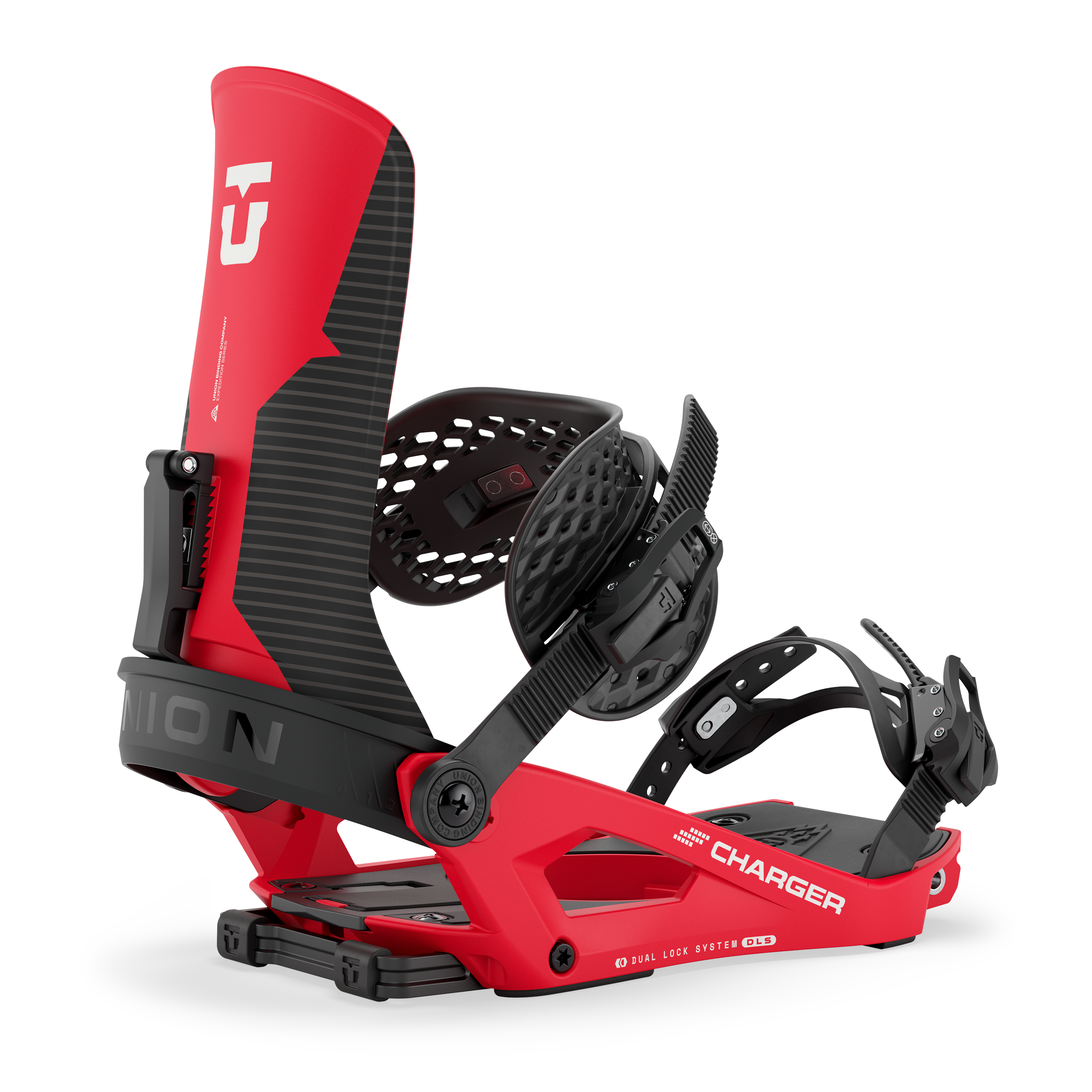 Union Charger snowboard binding in black and red, designed for snowboarding with adjustable straps and sturdy construction.