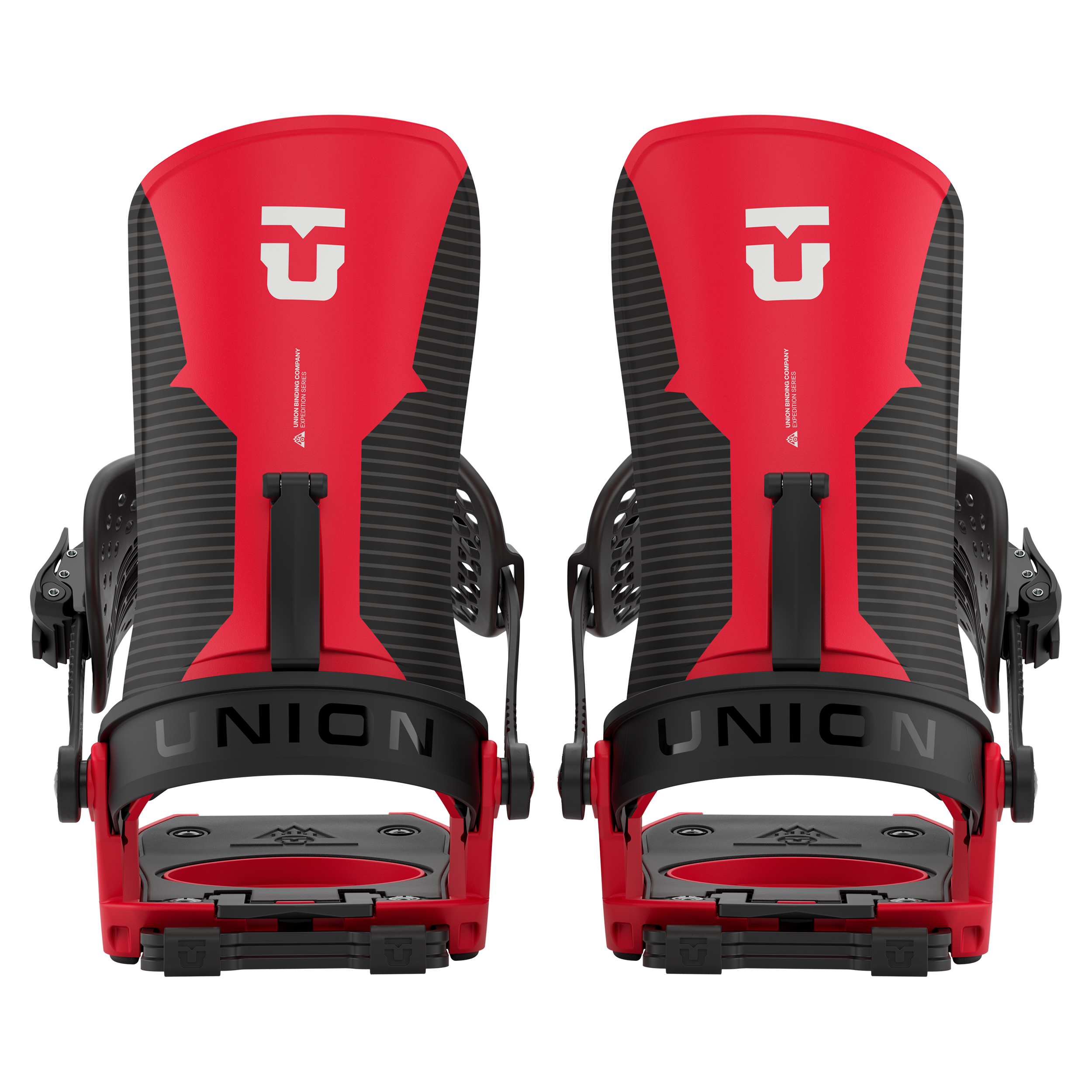 Union Charger snowboard binding in black and red, rear view showing the full pair for snowboarding gear.