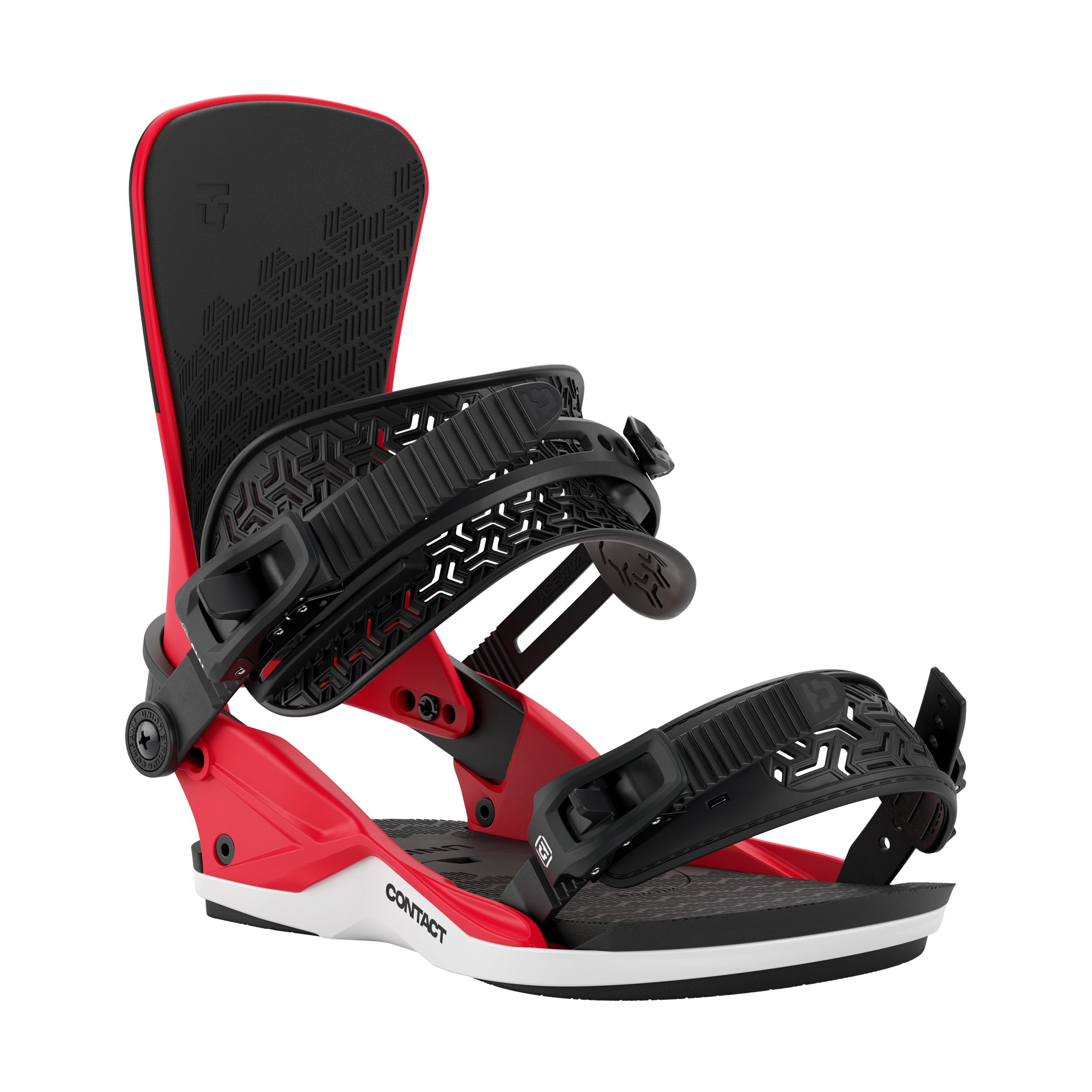 Union Contact snowboard binding in red, showing the front view with straps and high-back support for snowboarding.