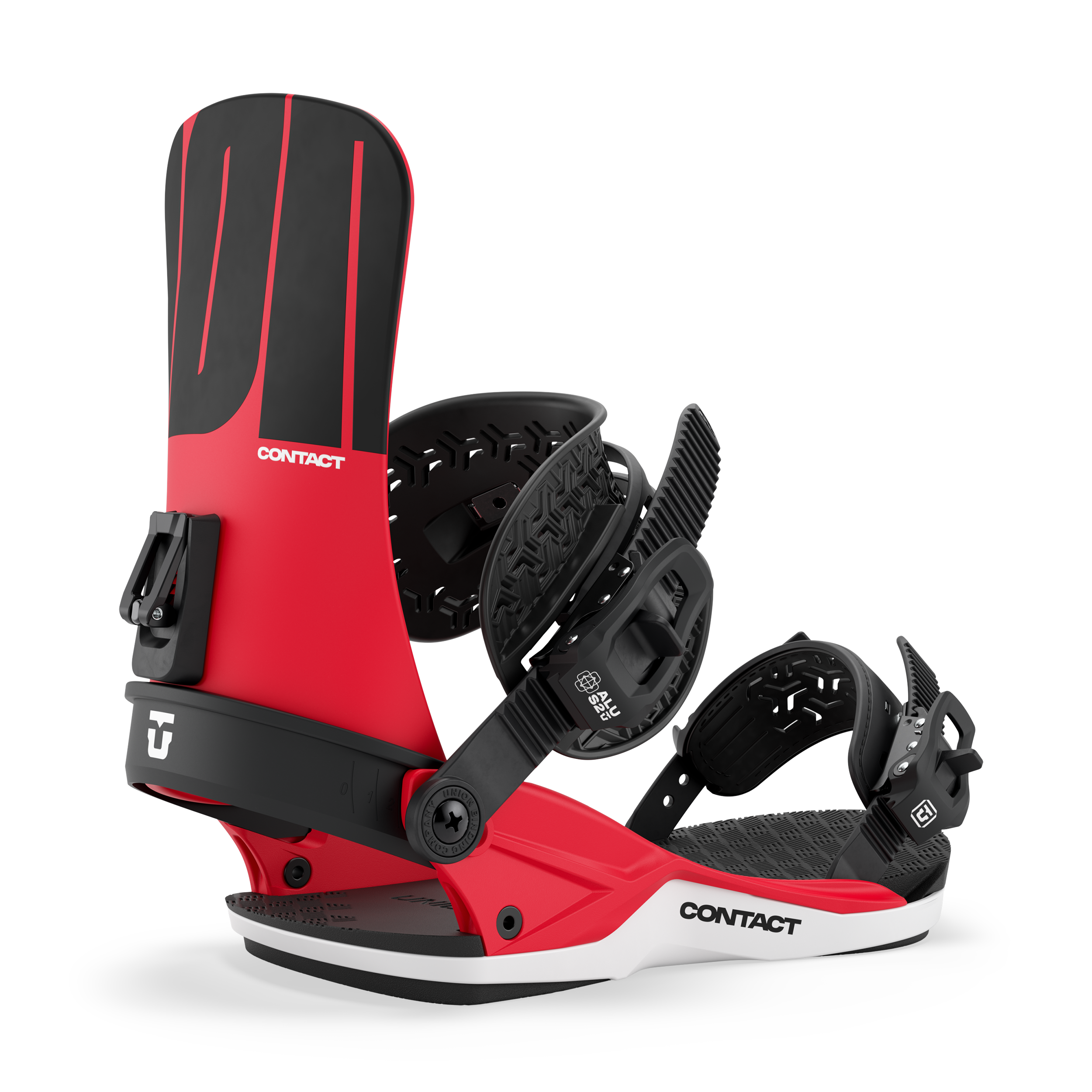 Red Union Contact snowboard binding 2027 mounted on a snowboard, showcasing durable design and adjustable straps for snowboarding.