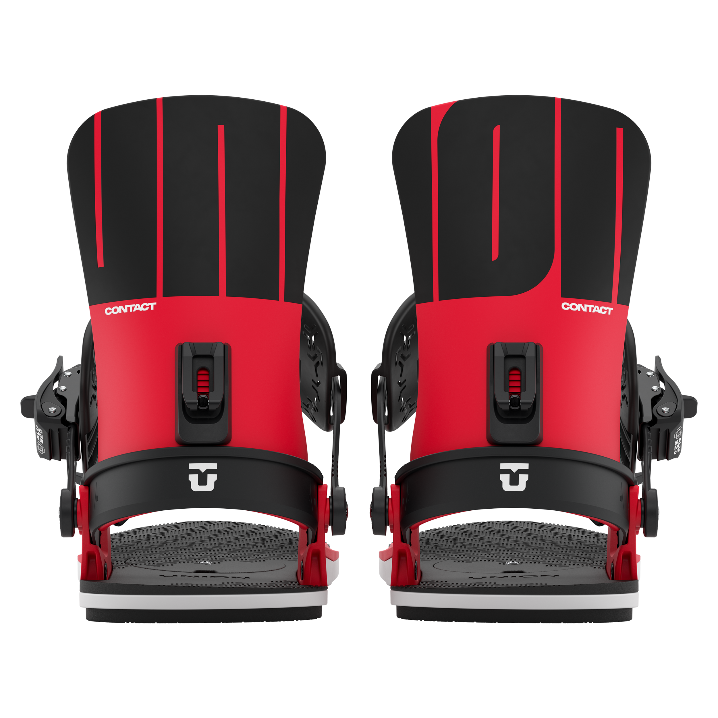 Union Contact snowboard binding in red, rear view, designed for snowboarding, showcasing durable straps and high-performance construction.