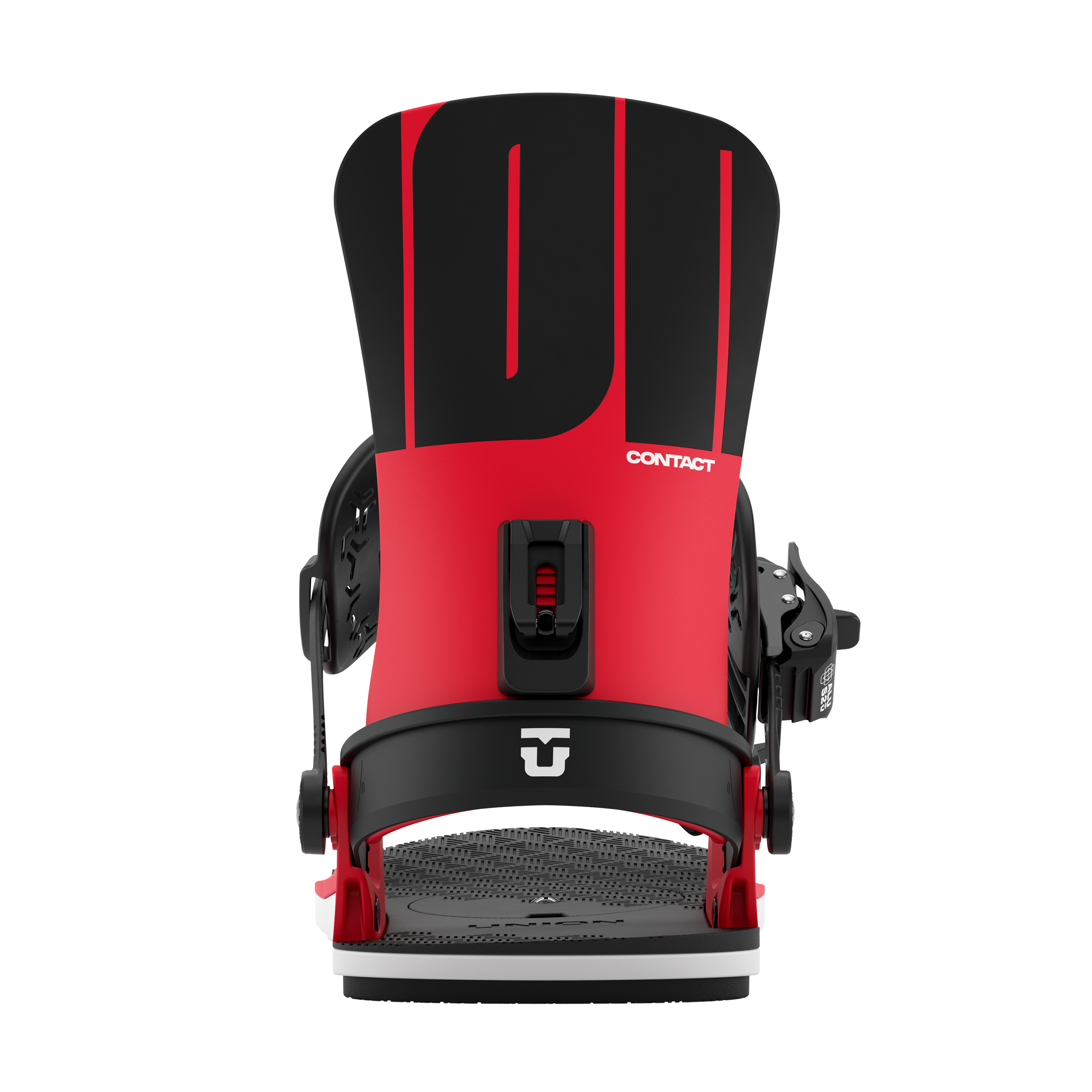 Union Contact snowboard binding in red, showing rear view with straps and highback for all-mountain snowboarding.