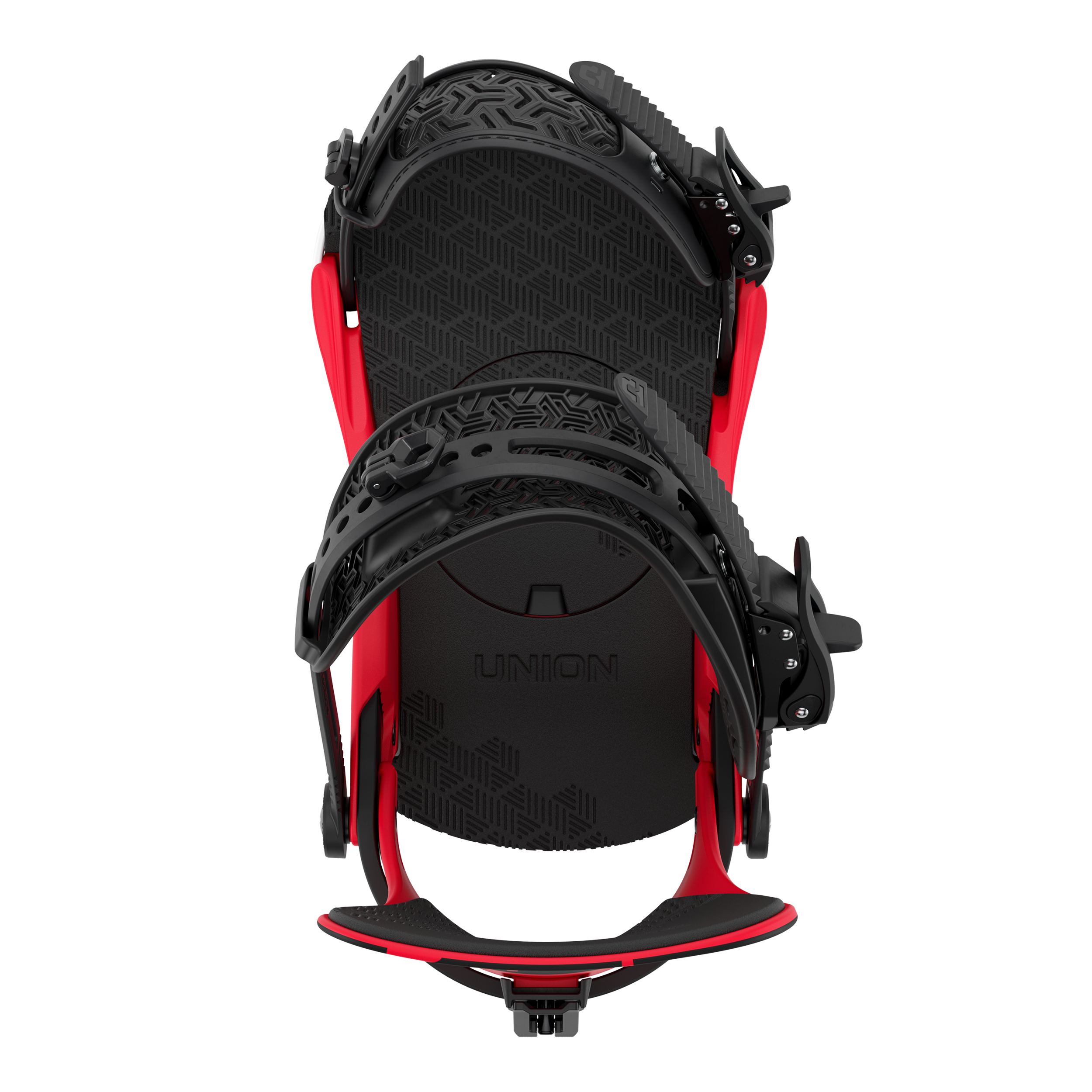 Union Contact snowboard binding in red with high-back support, designed for snowboarding performance.