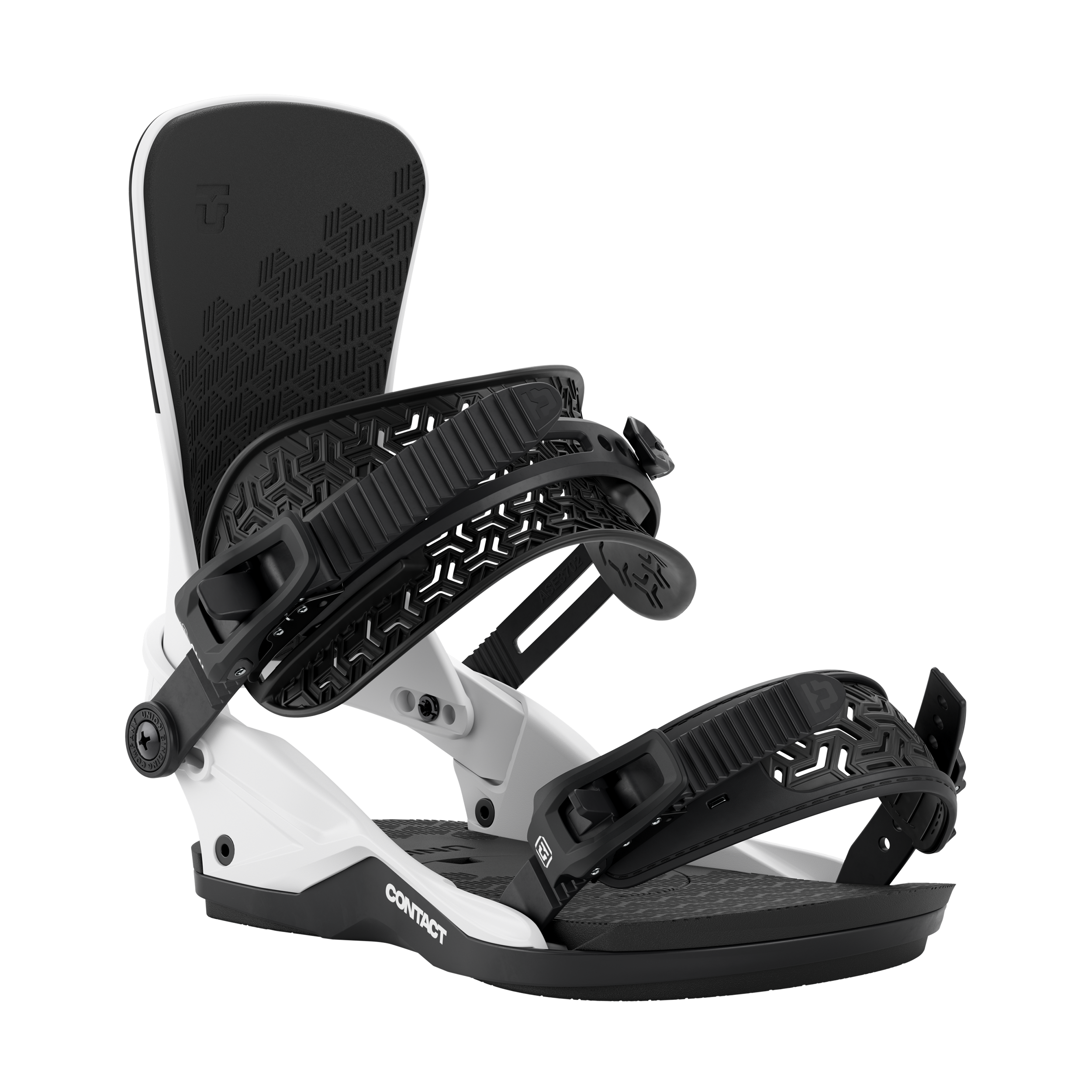 Union Contact snowboard binding in white, showing the front view with straps and highback for all-mountain snowboarding.