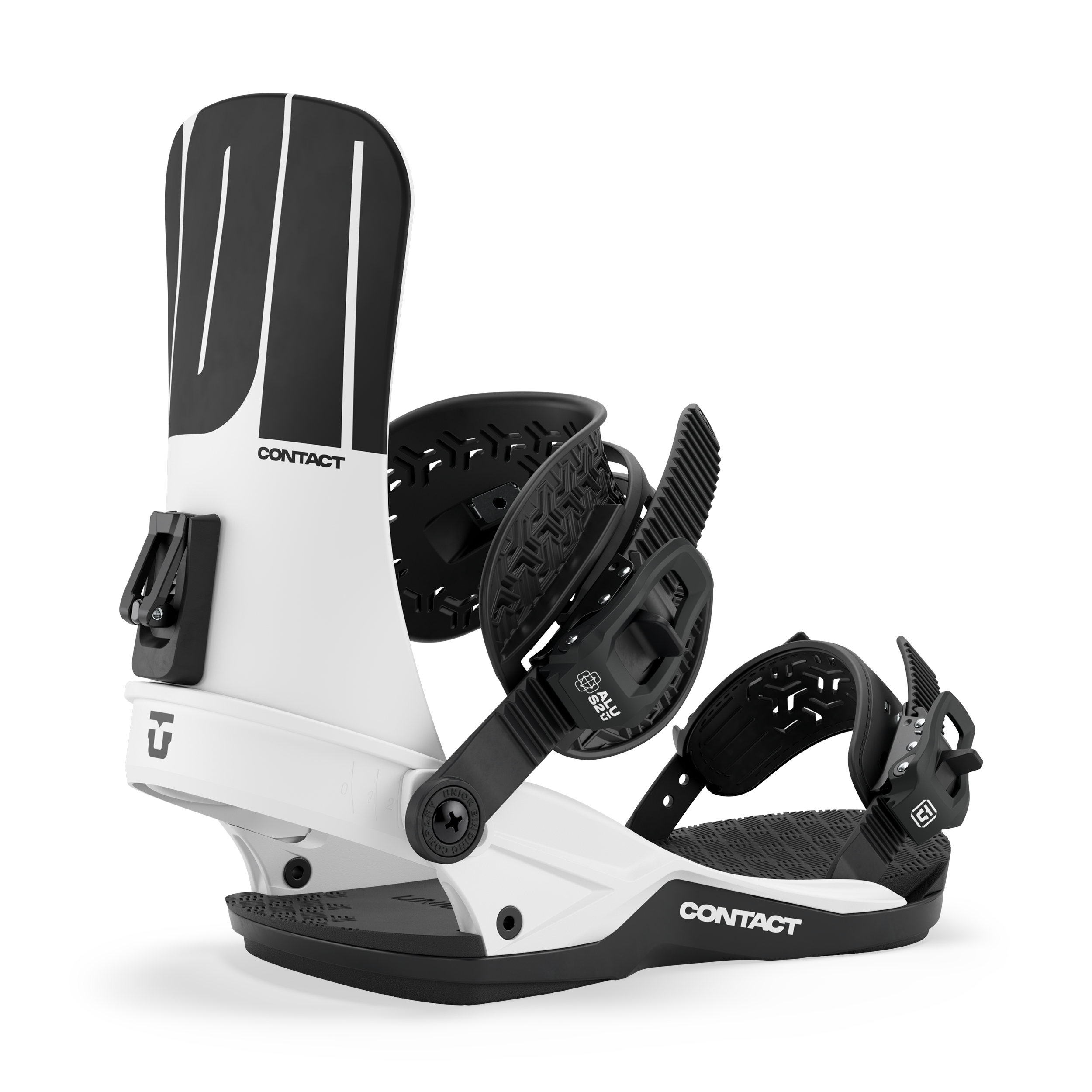 Union Contact snowboard binding in white, designed for snowboarding with adjustable straps and durable construction.