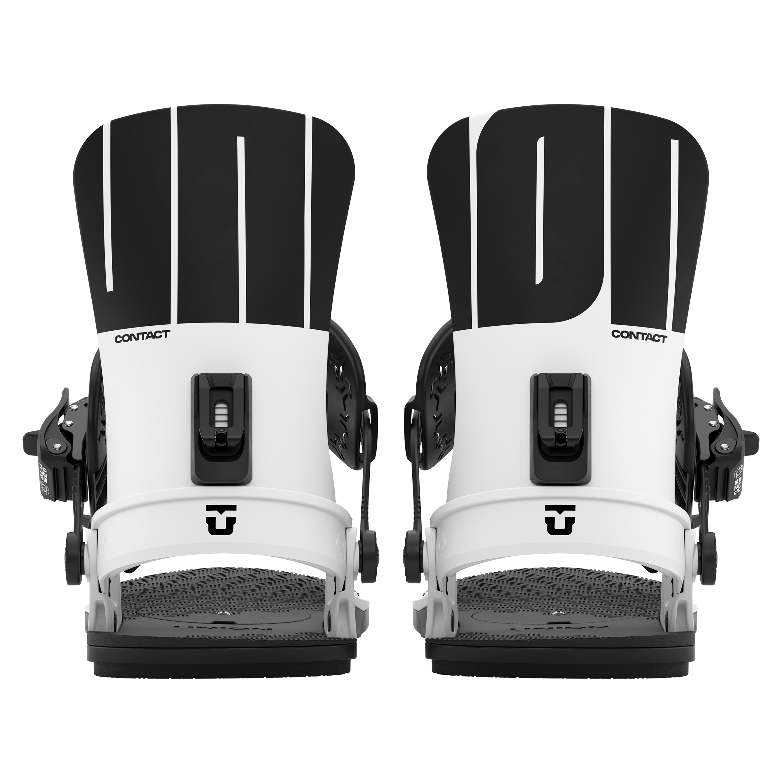 Union Contact snowboard binding in white, rear view showing lightweight design and adjustable straps for snowboarding.