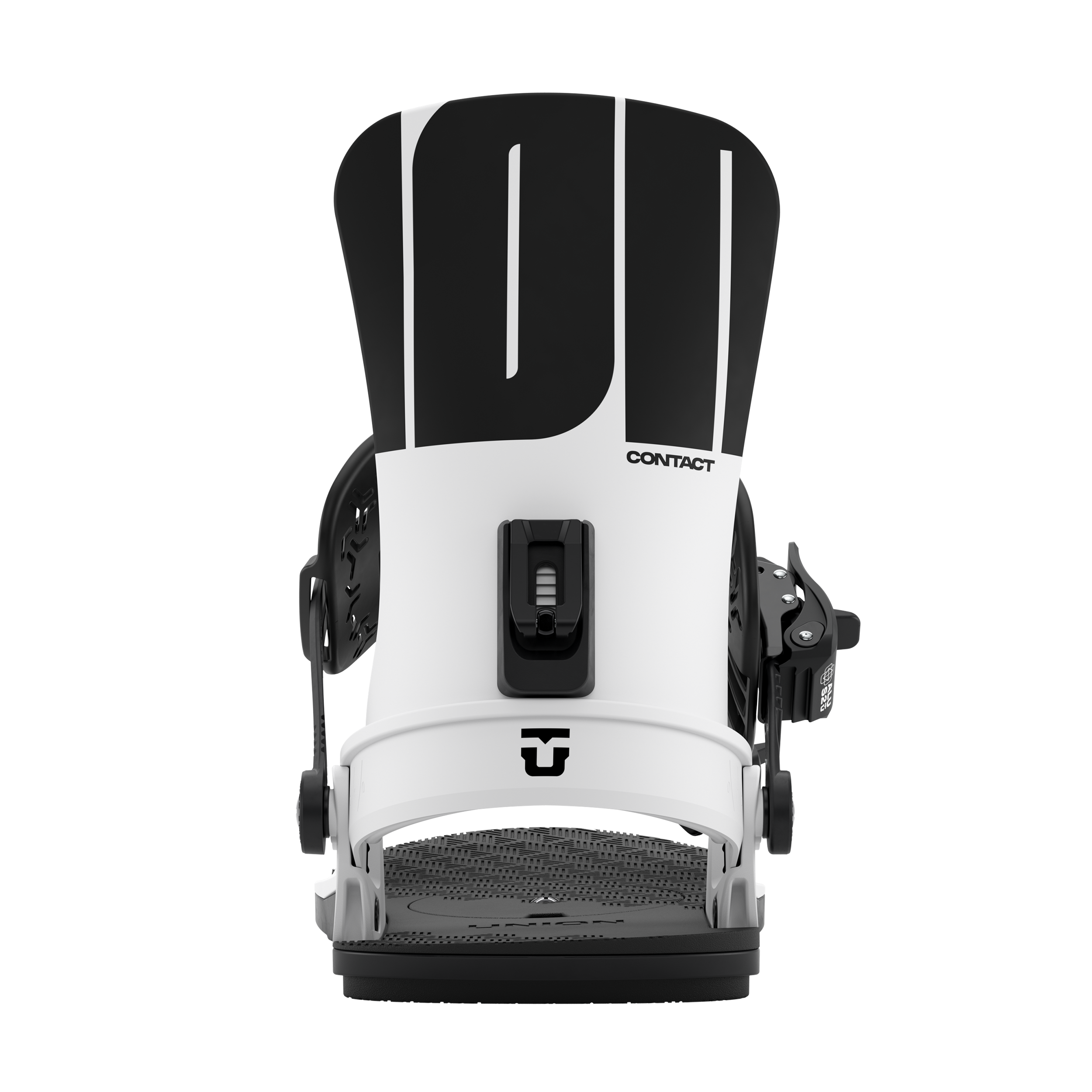 Union Contact Snowboard Binding 2027 in white, rear view showing adjustable straps and high-back support for snowboarding.