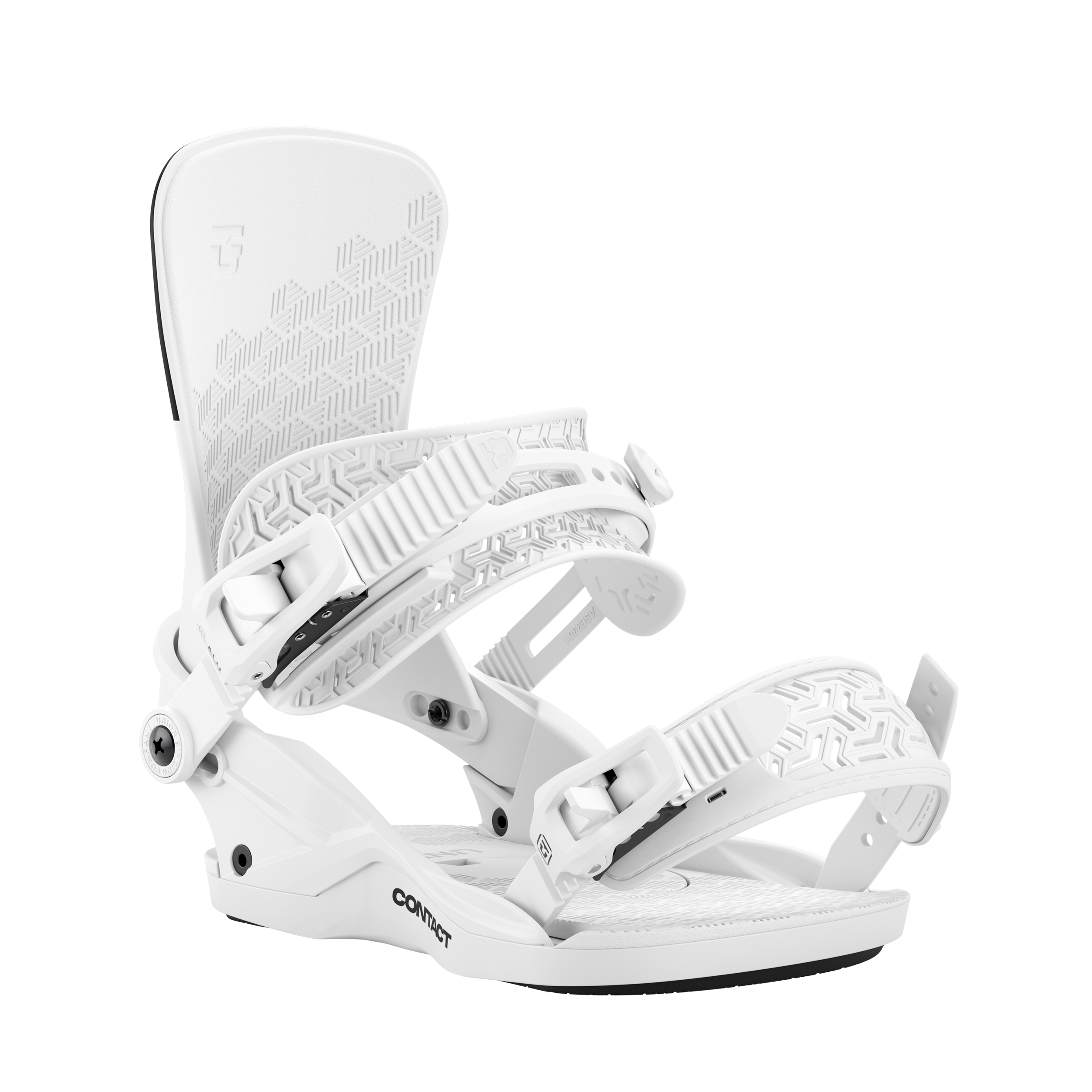 Union Contact Women's snowboard binding in white, featuring a sleek design perfect for snowboarding in winter conditions.