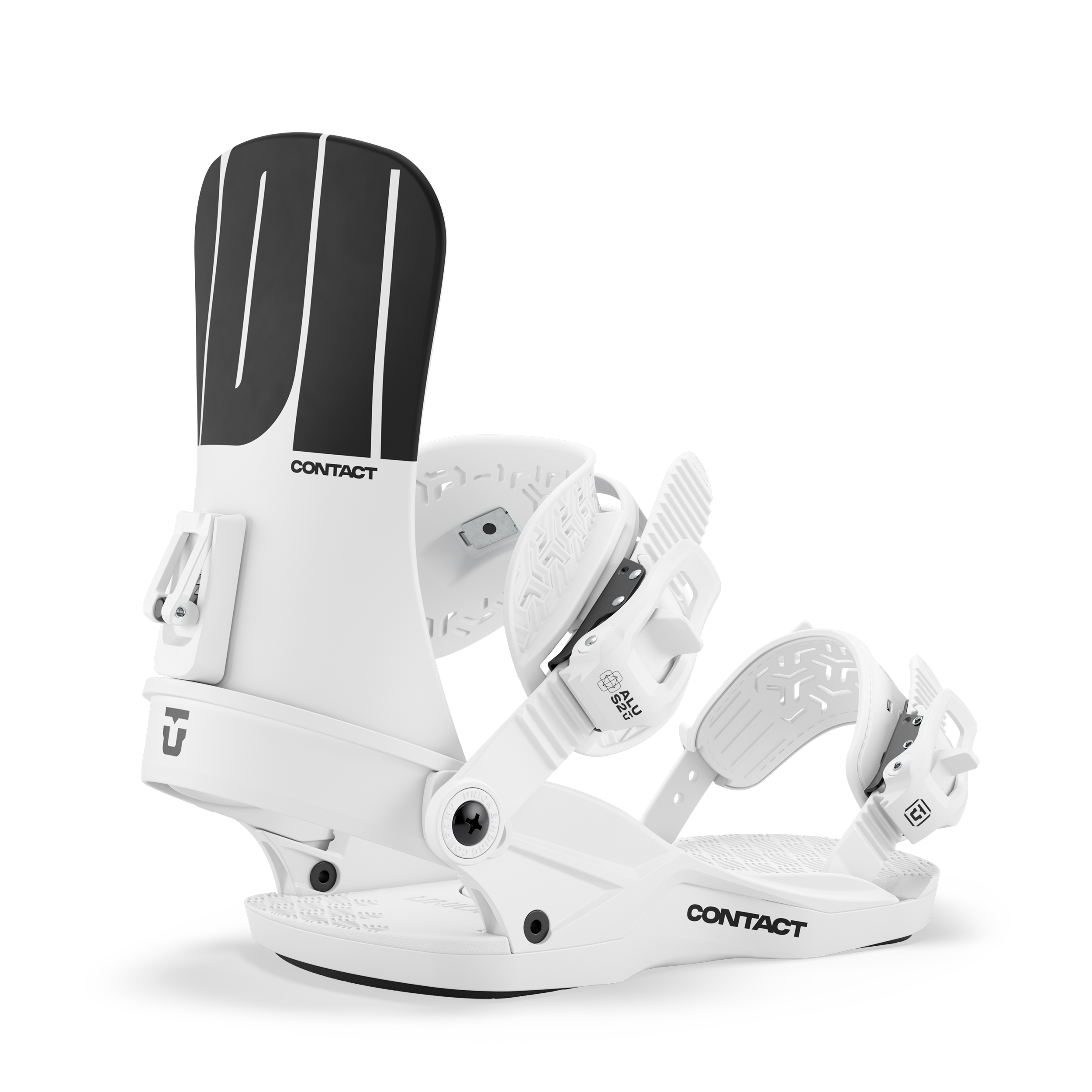 Union Contact women's snowboard binding in white, designed for snowboarders seeking lightweight and durable snowboarding gear.