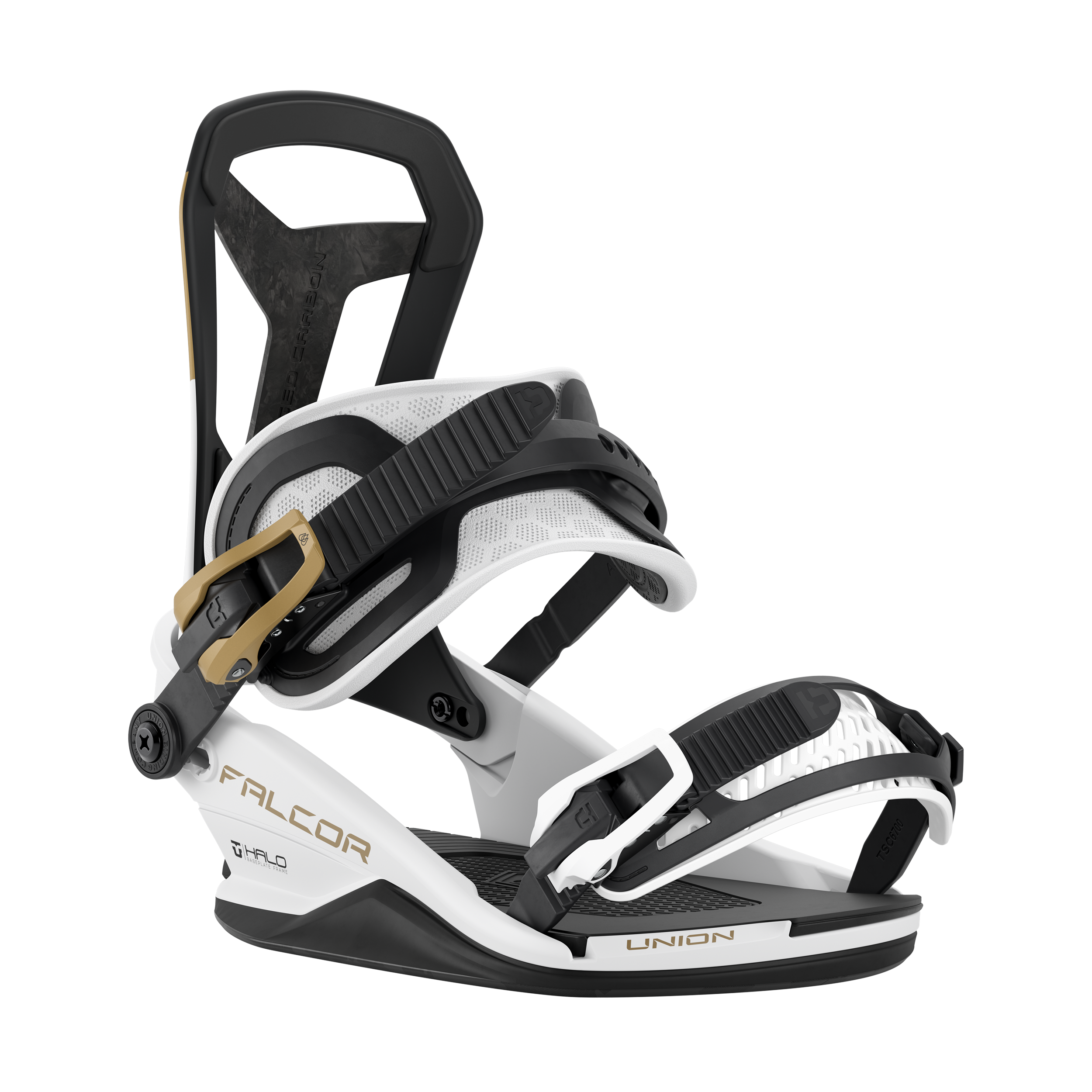 Union Falcor snowboard binding in white, showing front view with adjustable straps and high-back support for snowboarding.