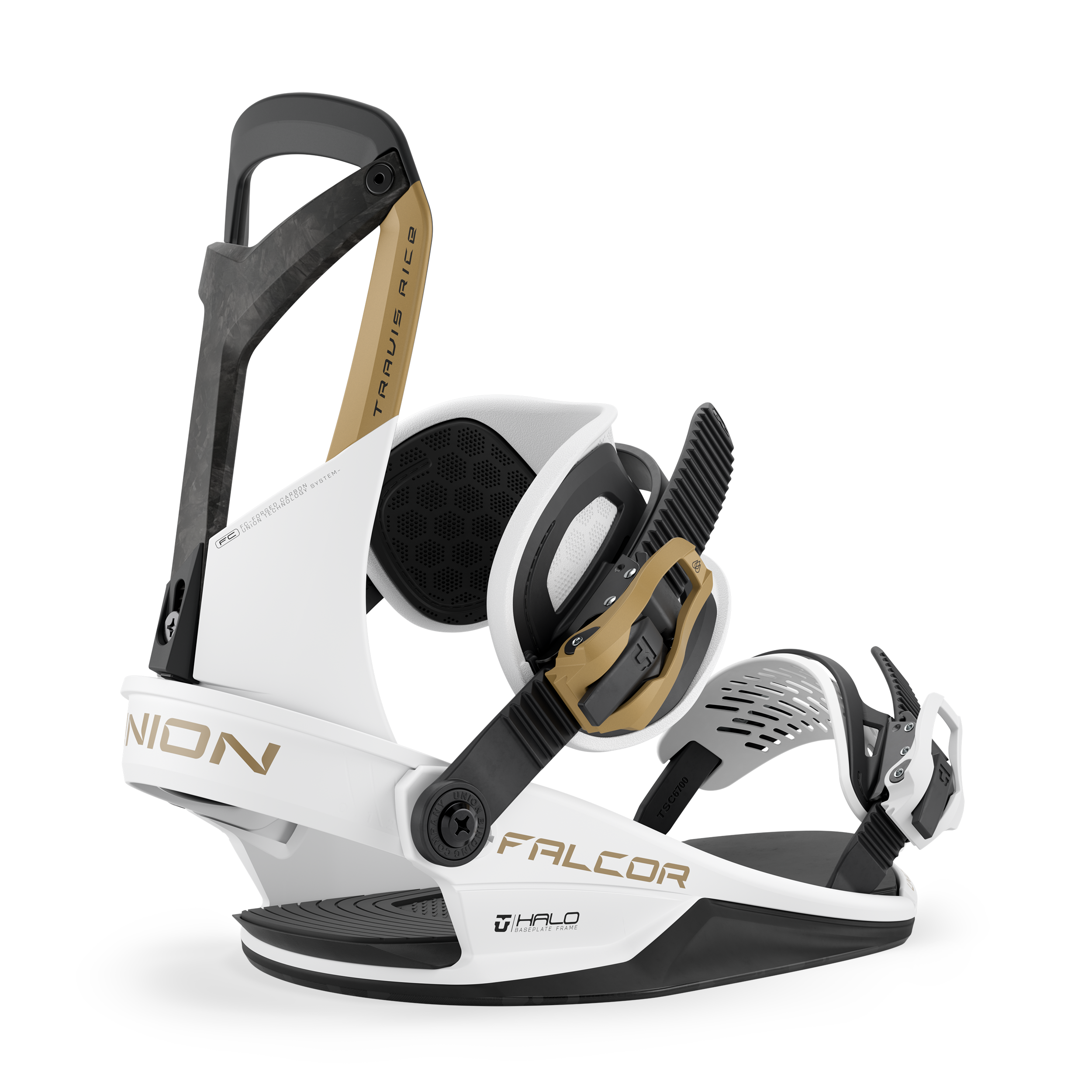 Union Falcor snowboard binding in white attached to a snowboard, showcasing durable design for snowboarding enthusiasts.