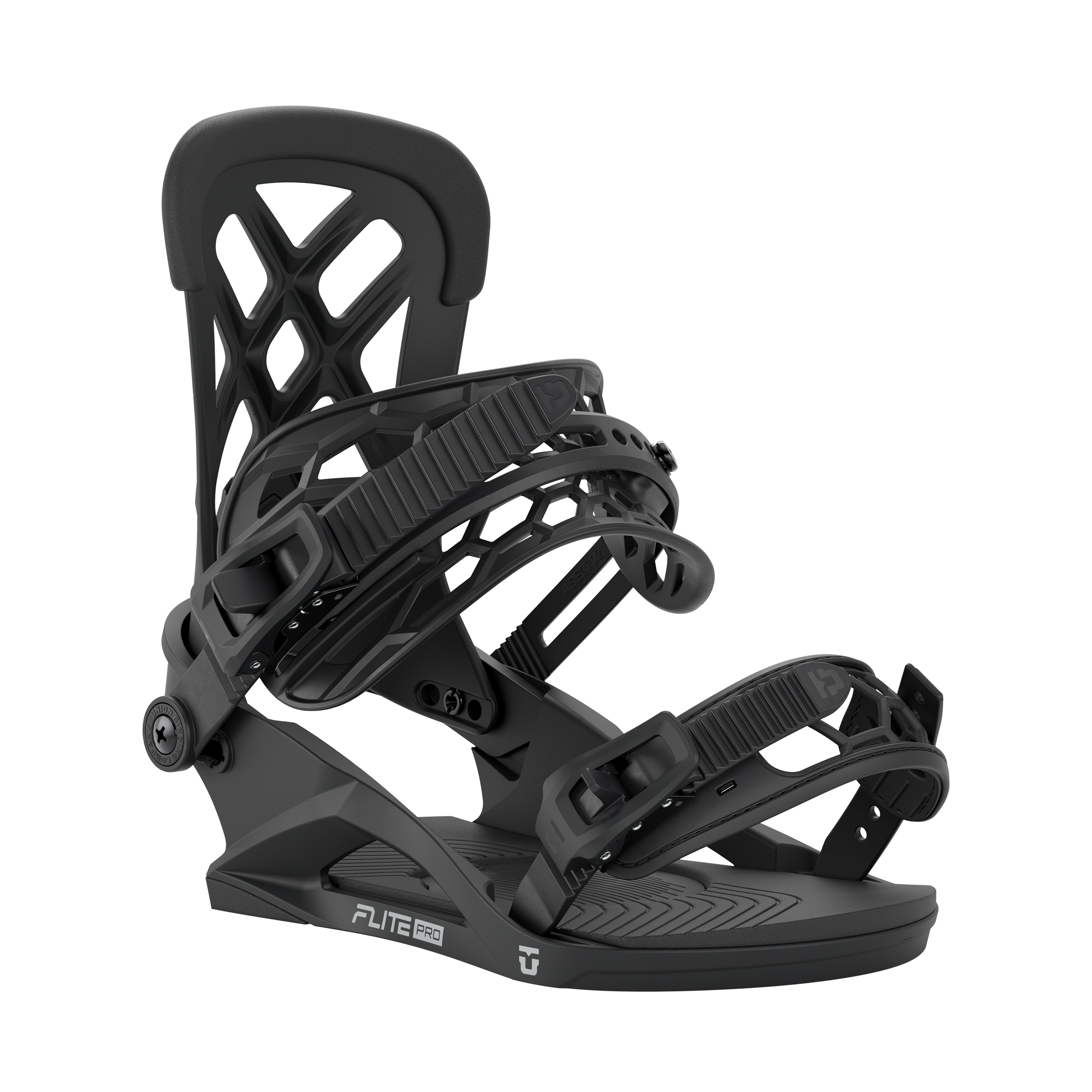Union Flite Pro snowboard binding in black, showcasing its front view with straps and high-back support for snowboarding.