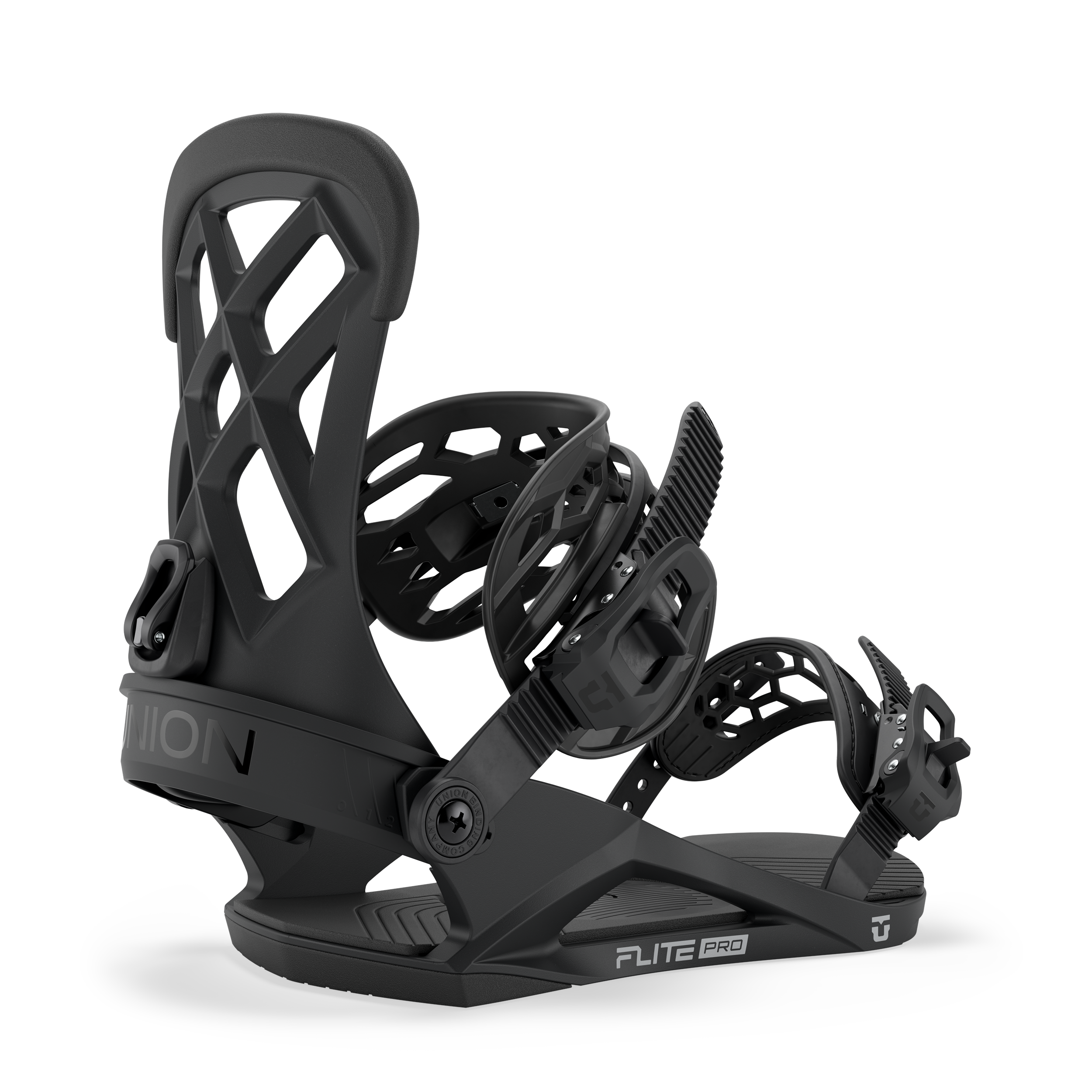 Union Flite Pro snowboard binding in black, designed for snowboarding, with adjustable straps and durable construction.
