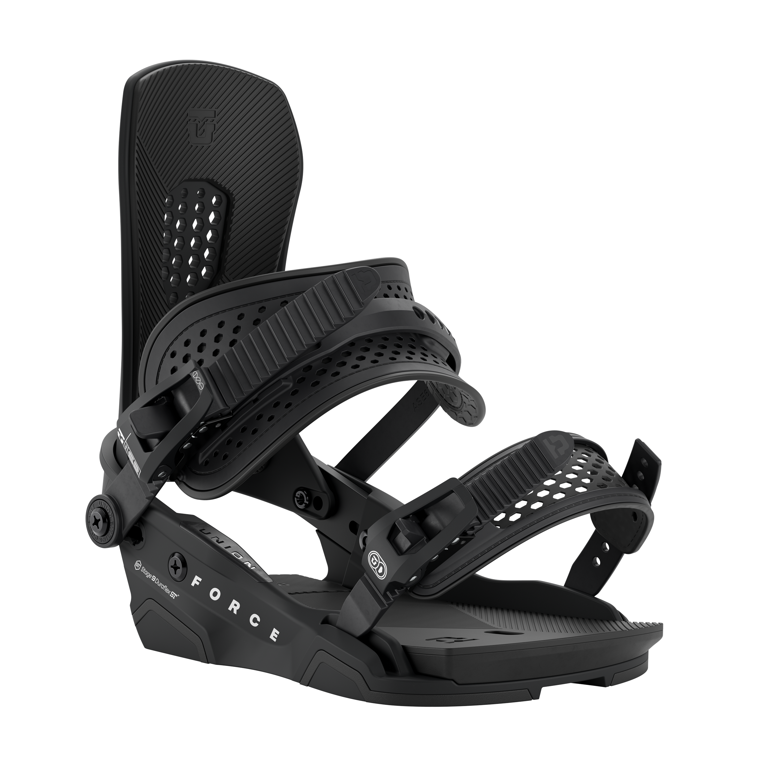 Union Force snowboard binding in black, showing front view with adjustable straps and high-back support for snowboarding.