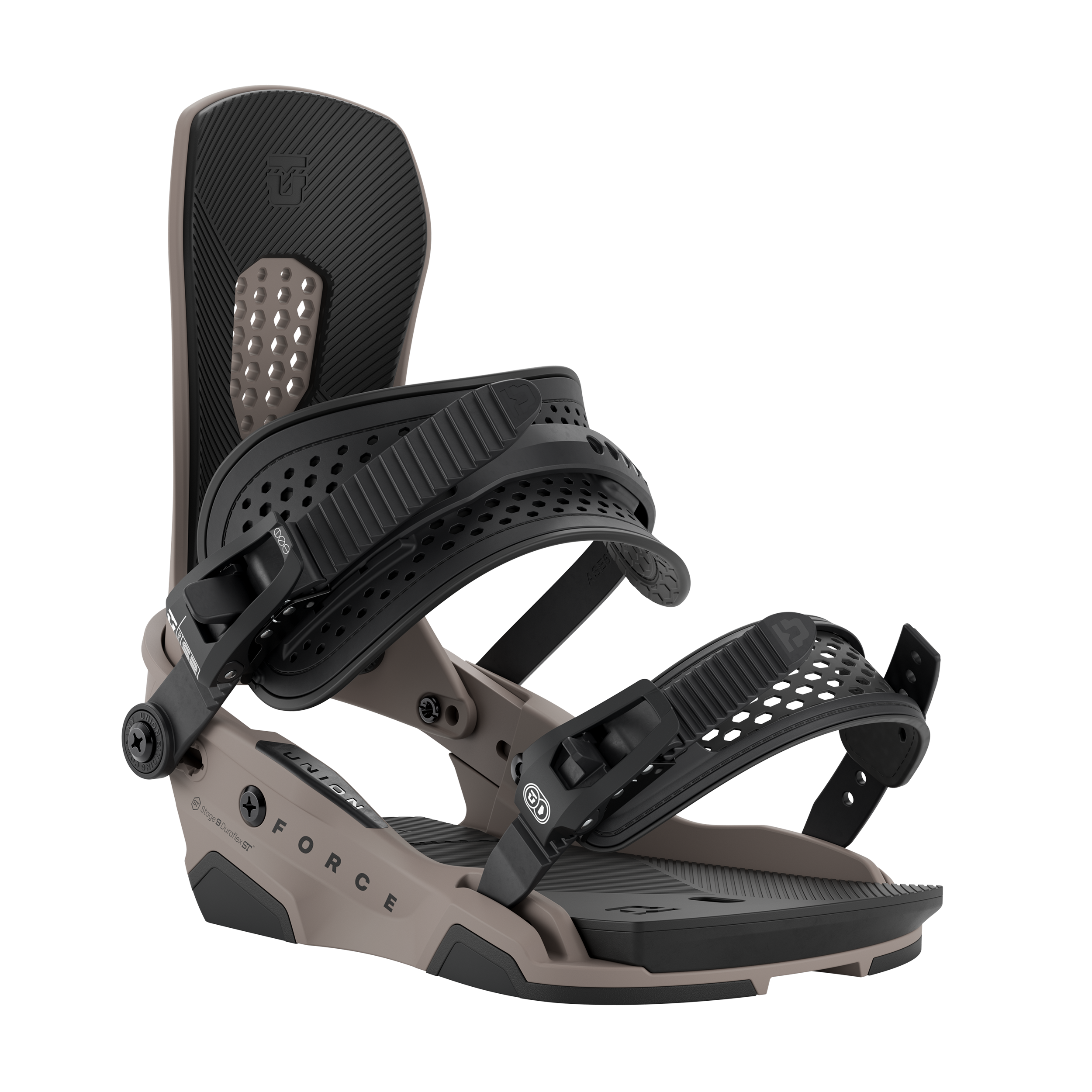 Union Force snowboard binding in brown, showing front view with adjustable straps and highback for all-mountain snowboarding.