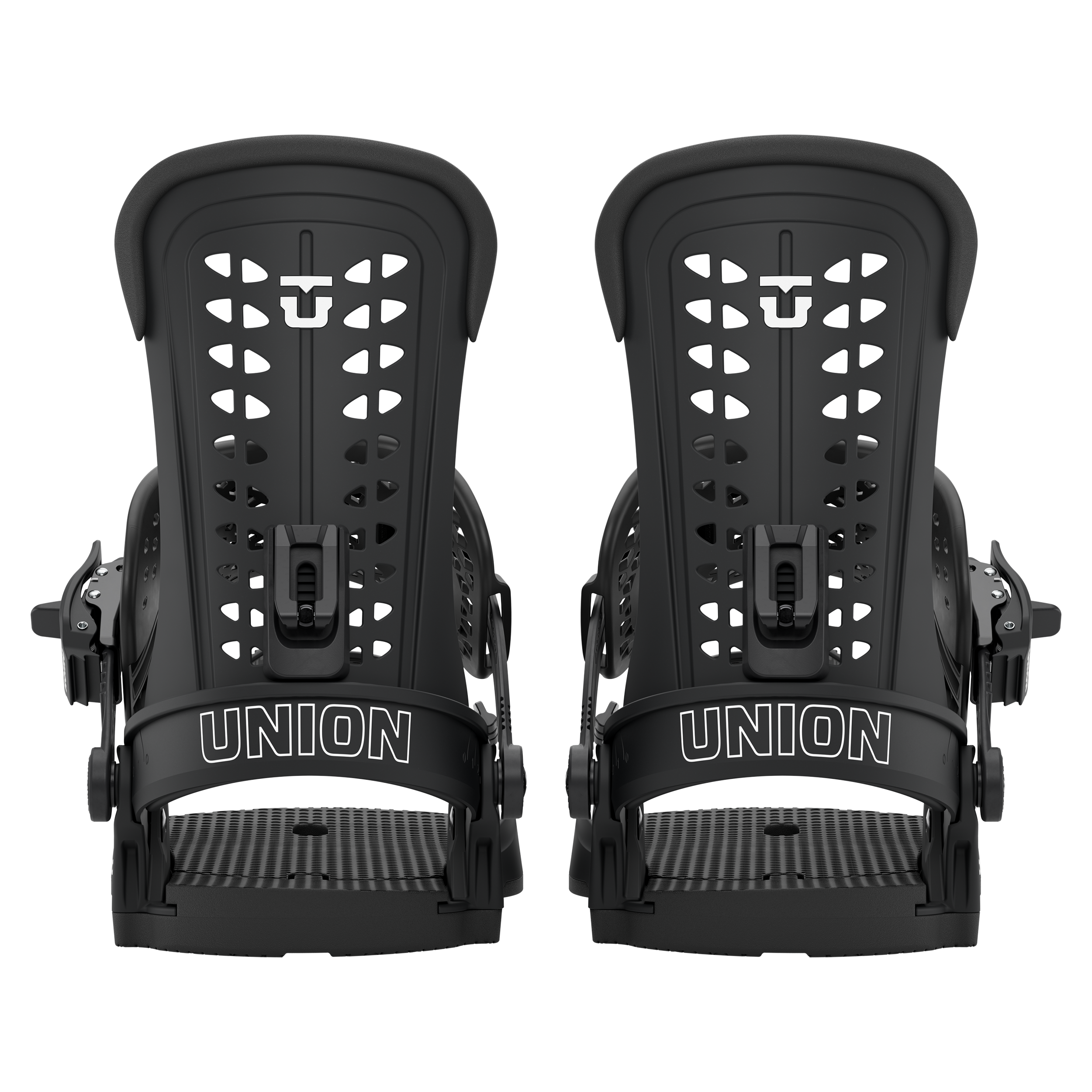 Union Force Classic snowboard binding in black, shown from the rear view, designed for snowboarding performance.