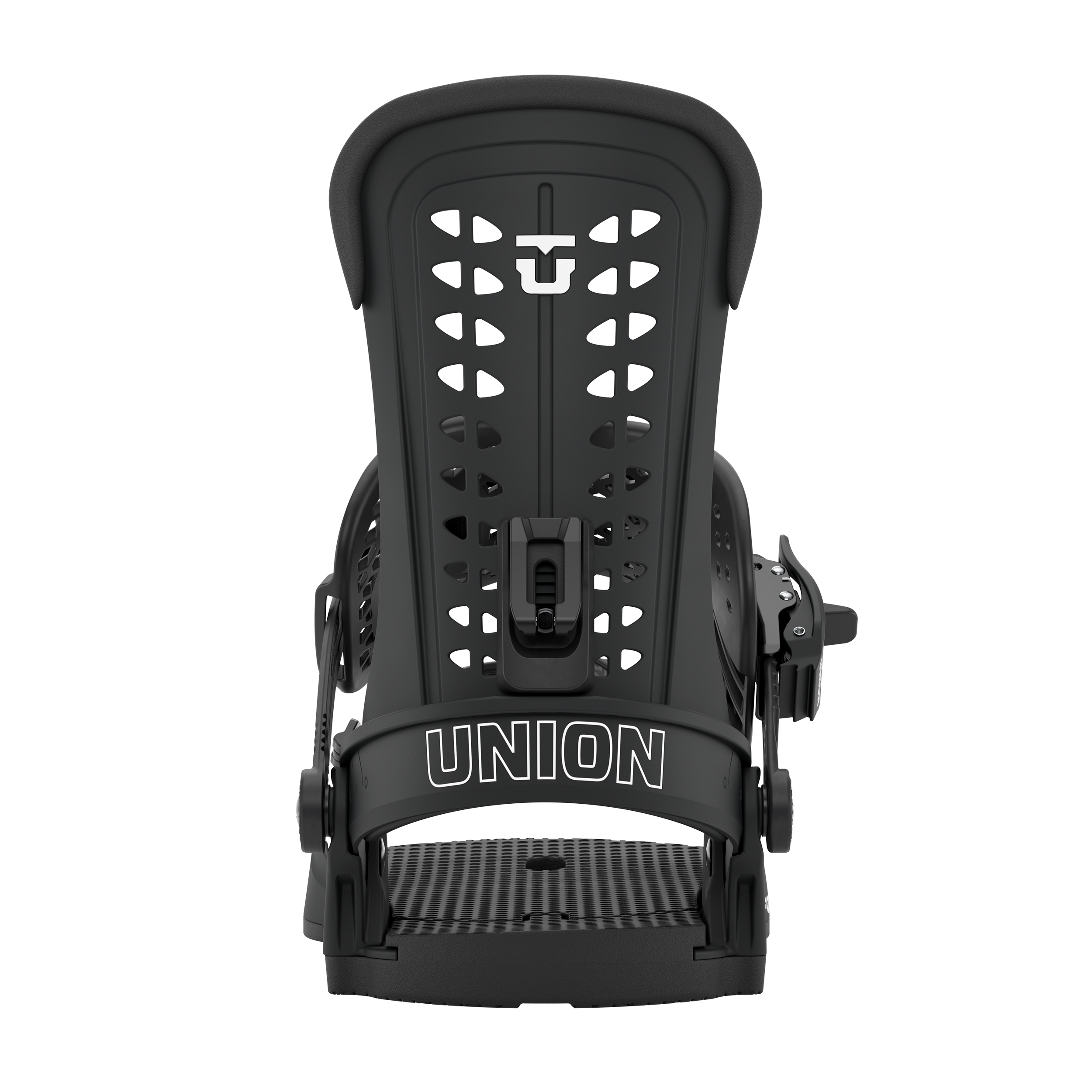 Union Force Classic snowboard binding in black showing rear view, designed for snowboarding performance and durability.
