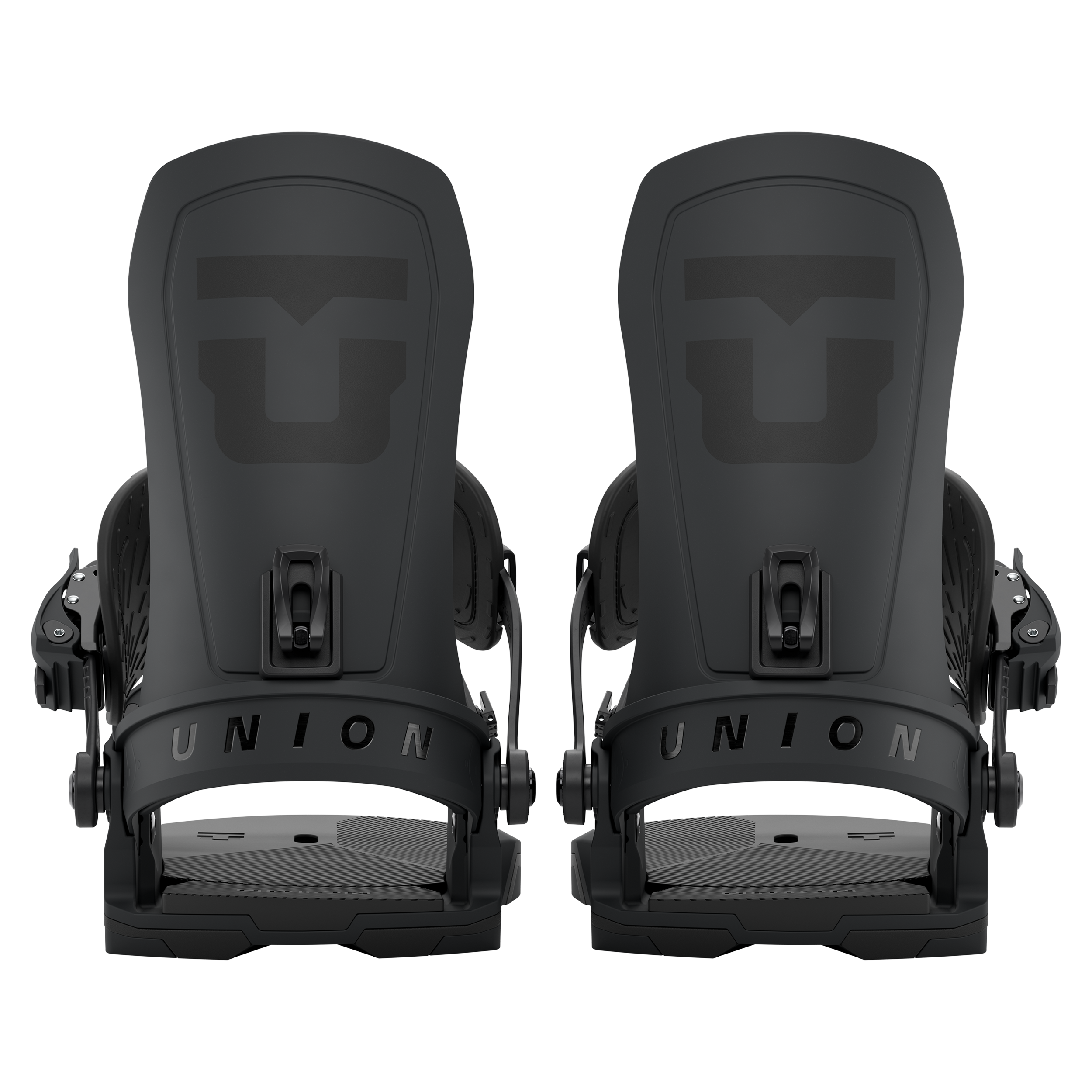 Union Force Team snowboard bindings in black, rear view, designed for snowboarding, durable and performance-oriented.