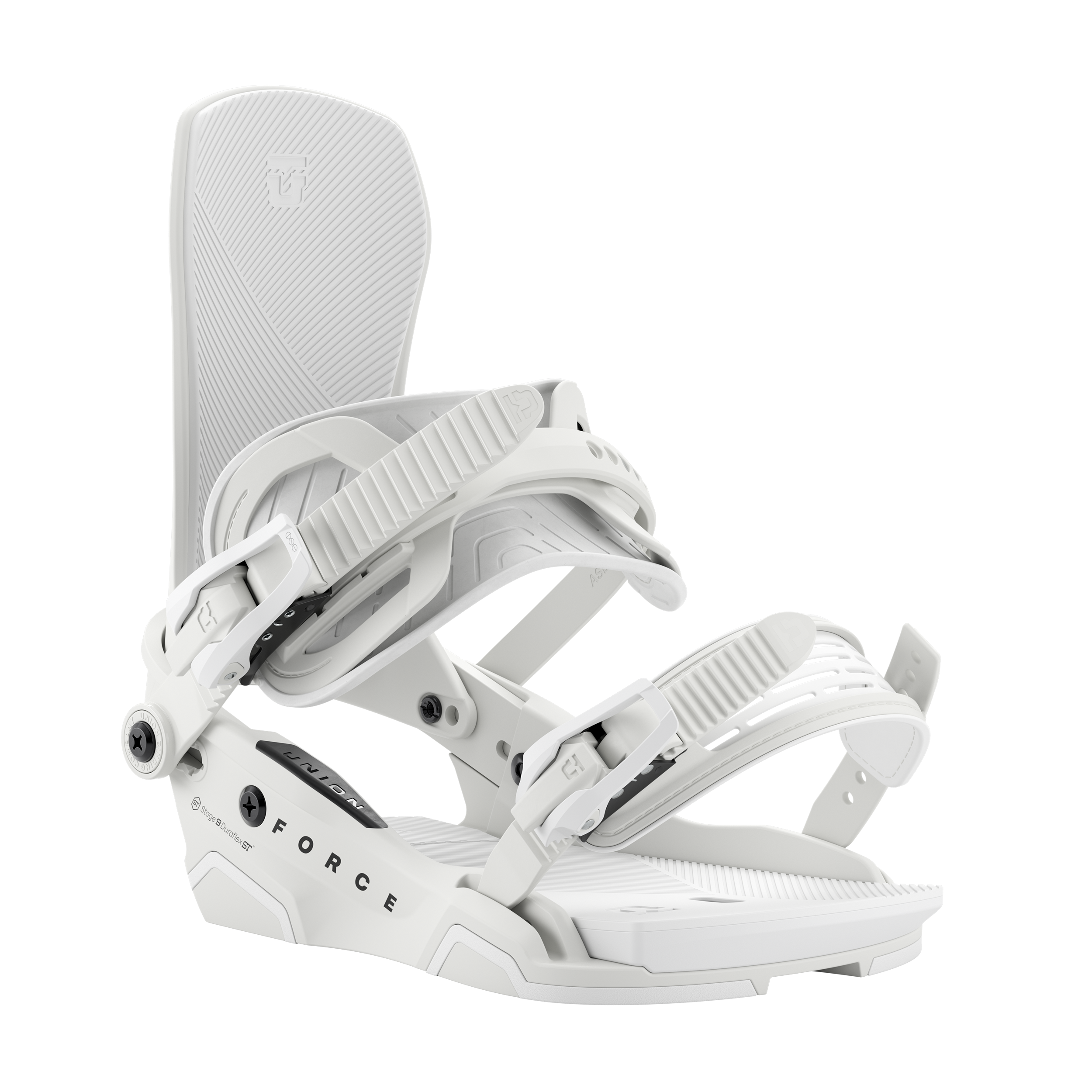 Union Force Team snowboard binding in white, designed for snowboarding, with a sturdy and adjustable binding system.