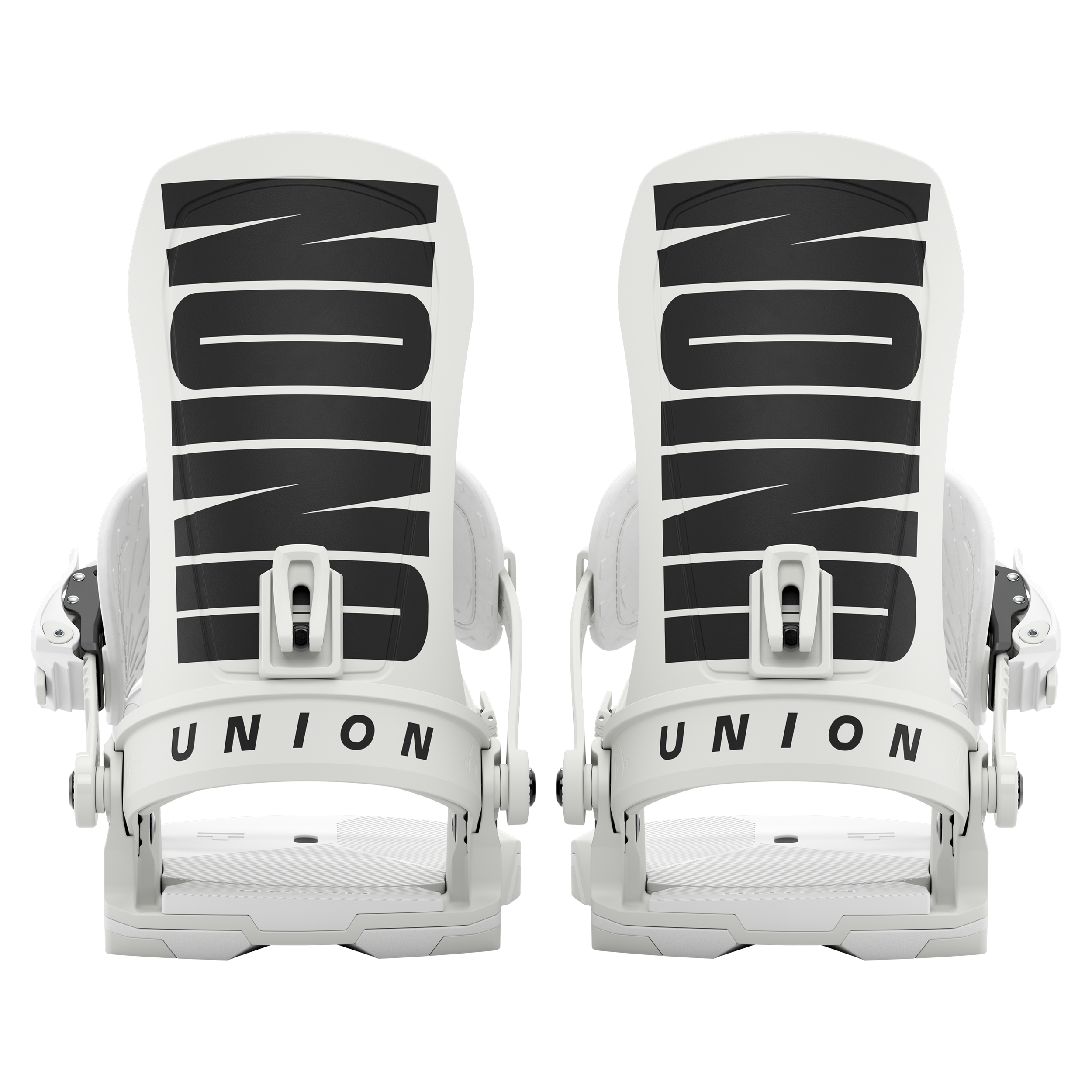 Union Force Team snowboard binding in white, rear view showing strap and high-back design for snowboarding performance.