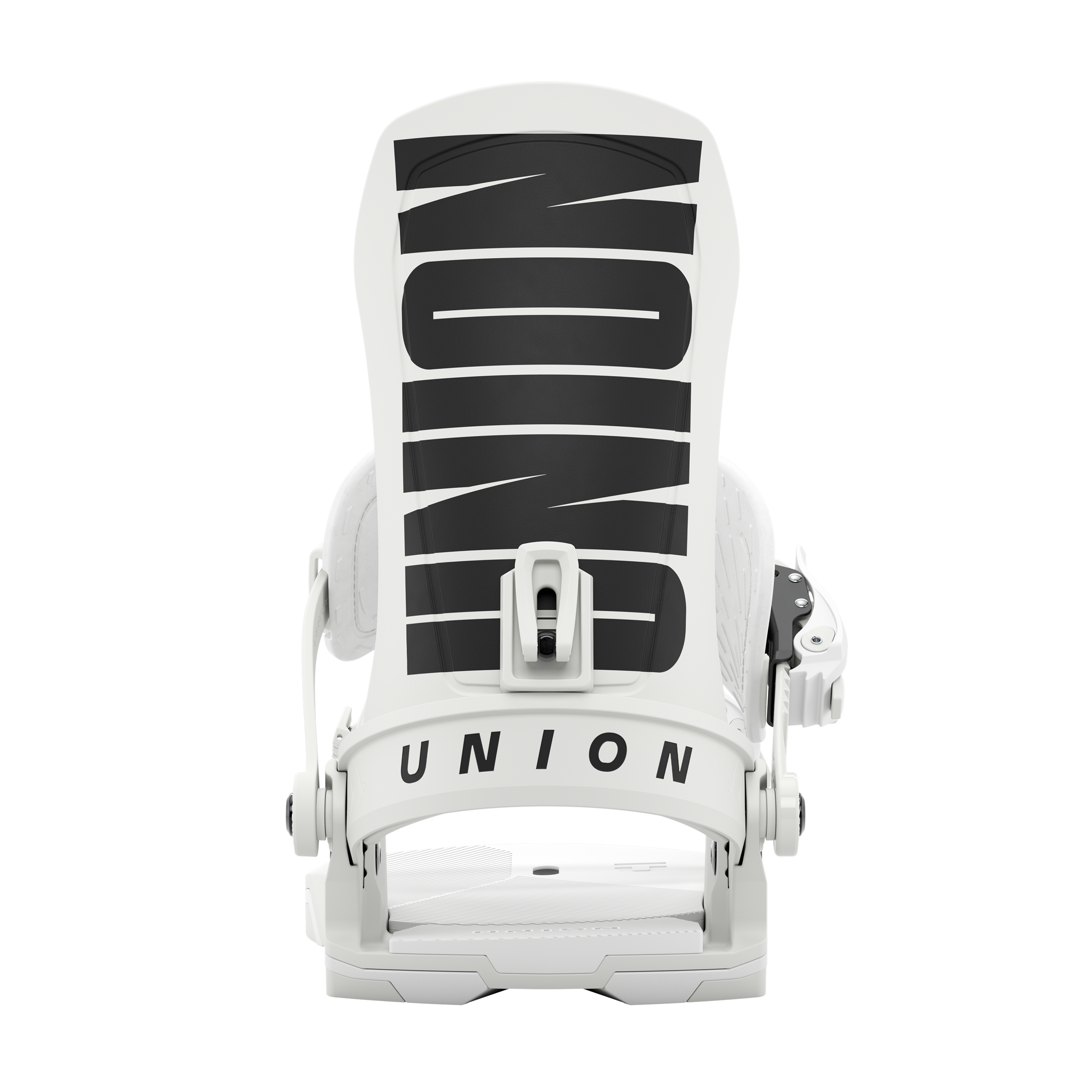 Union Force Team snowboard binding in white, showing rear view with straps and high-back support for snowboarding.