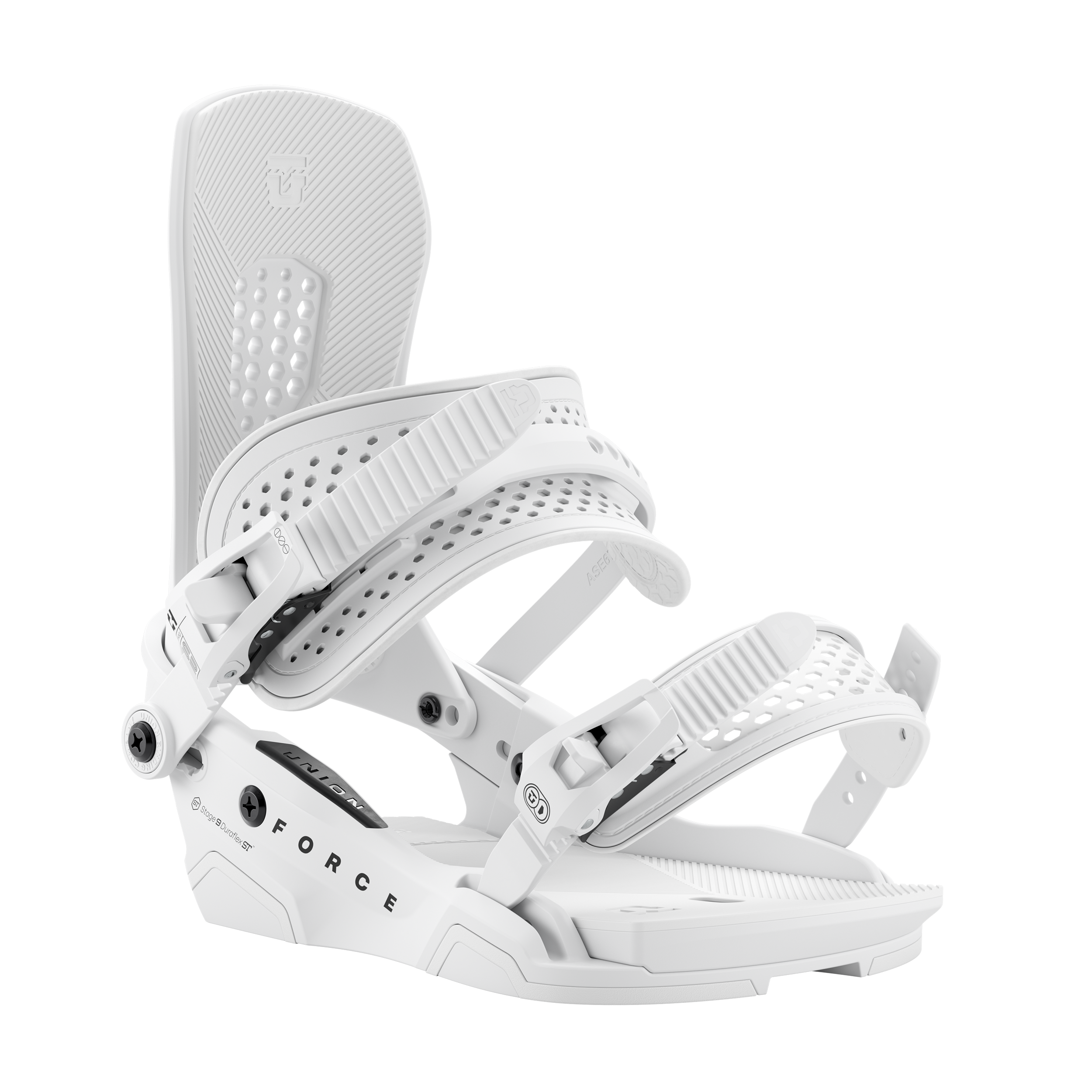Union Force snowboard binding in white, front view showing adjustable straps and high-back support for snowboarding.