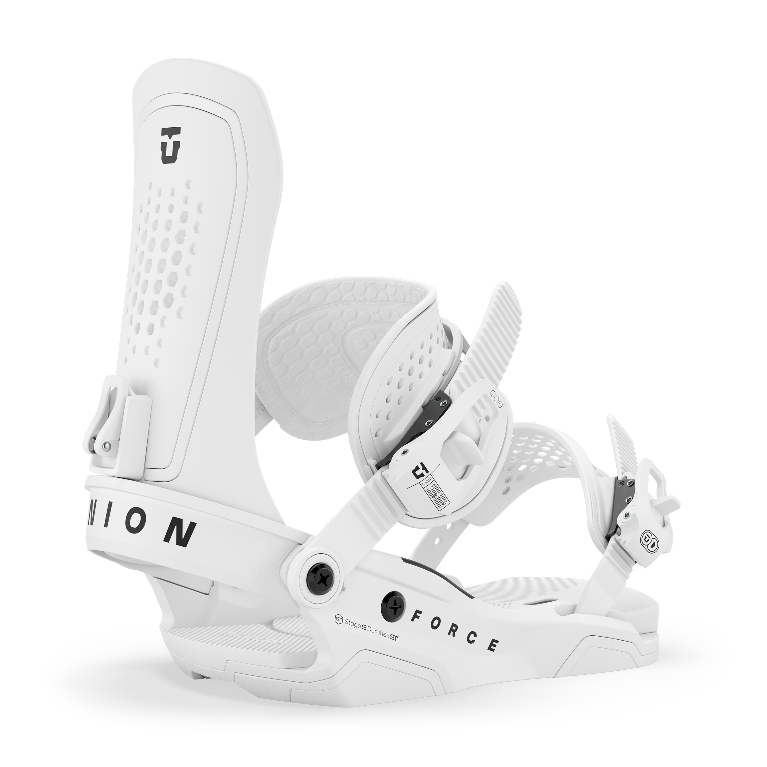 Union Force snowboard binding in white, designed for snowboarding, featuring sturdy straps and high-performance construction.