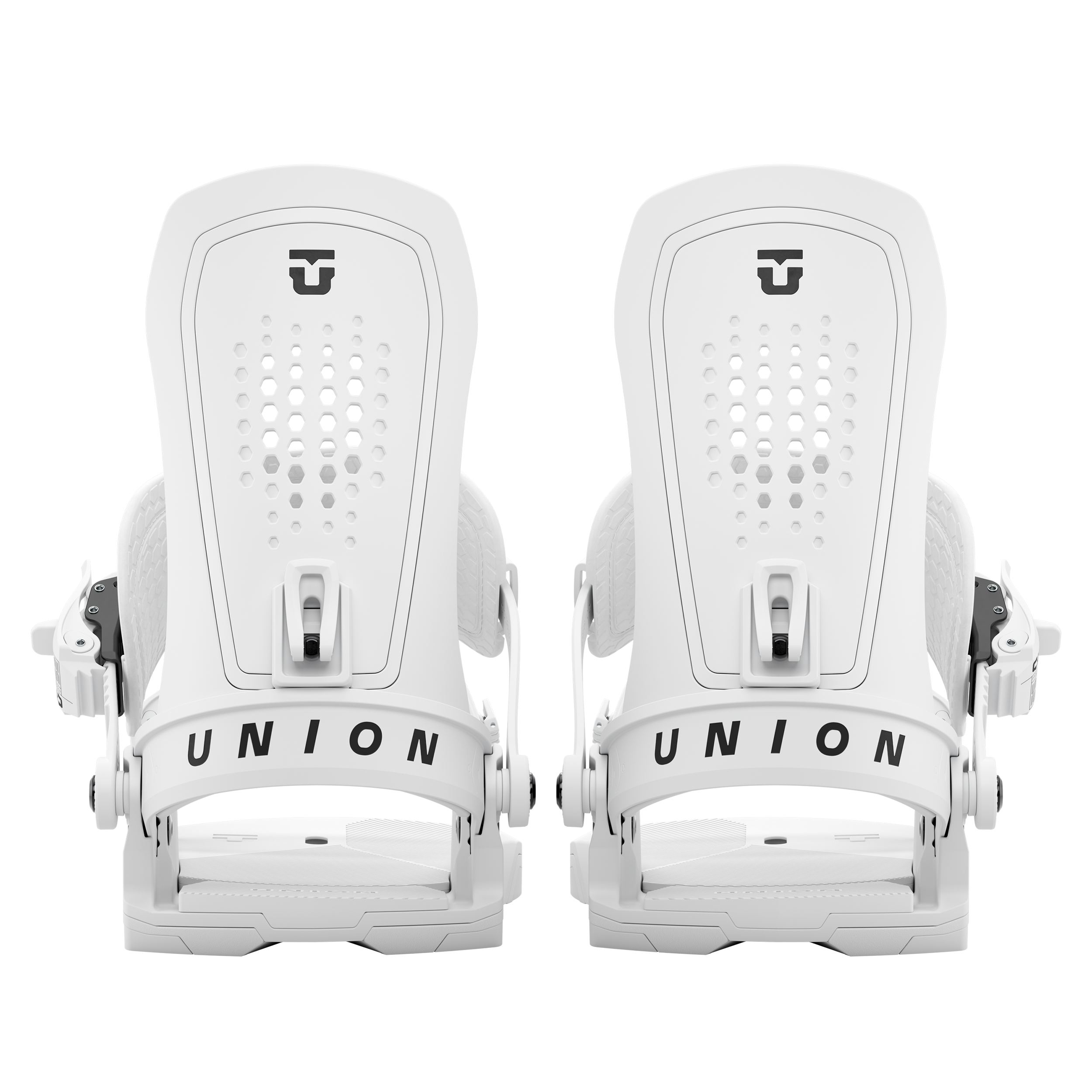 Union Force snowboard binding in white, rear view showing straps and high-back for all-mountain snowboarding performance.